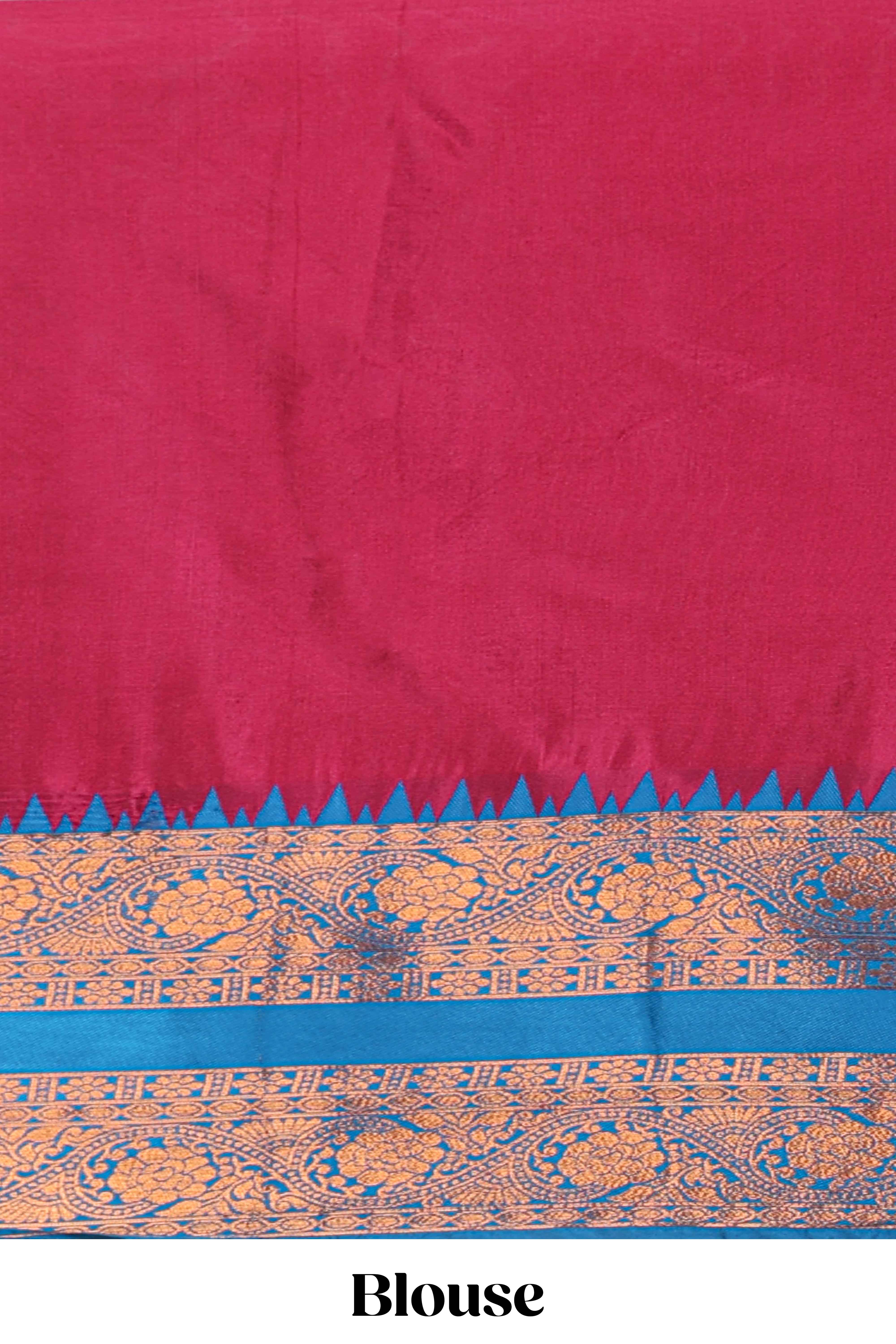 Rose with Blue Cotton Half Saree with Copper Zari Border Traditional Embroidery and Elegant Tassel Detailing