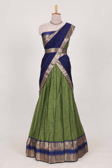 Green Blue Cotton Half Saree with Gold Zari Border Traditional Embroidery and Elegant Tassel Detailing