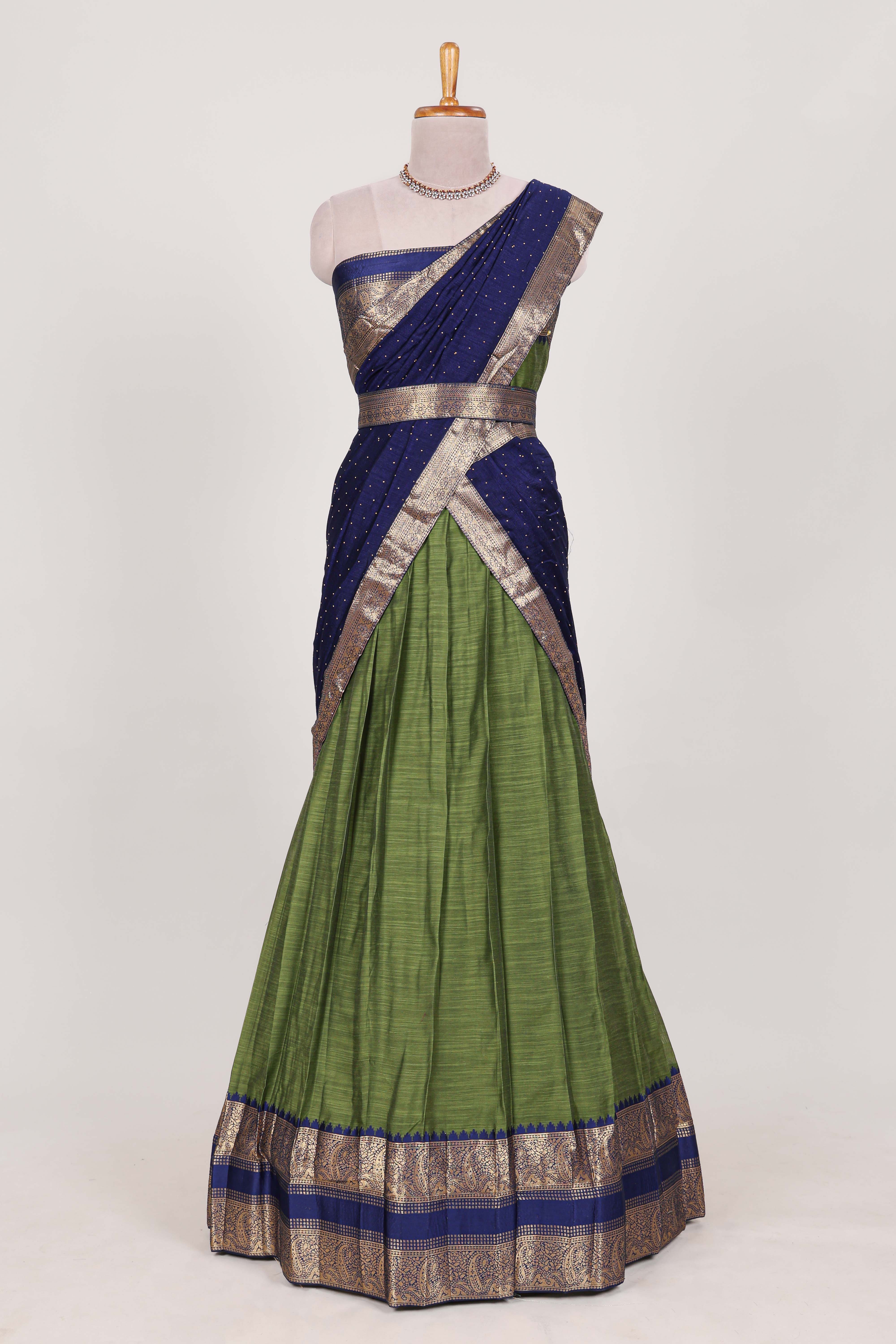 Green Blue Cotton Half Saree with Gold Zari Border Traditional Embroidery and Elegant Tassel Detailing