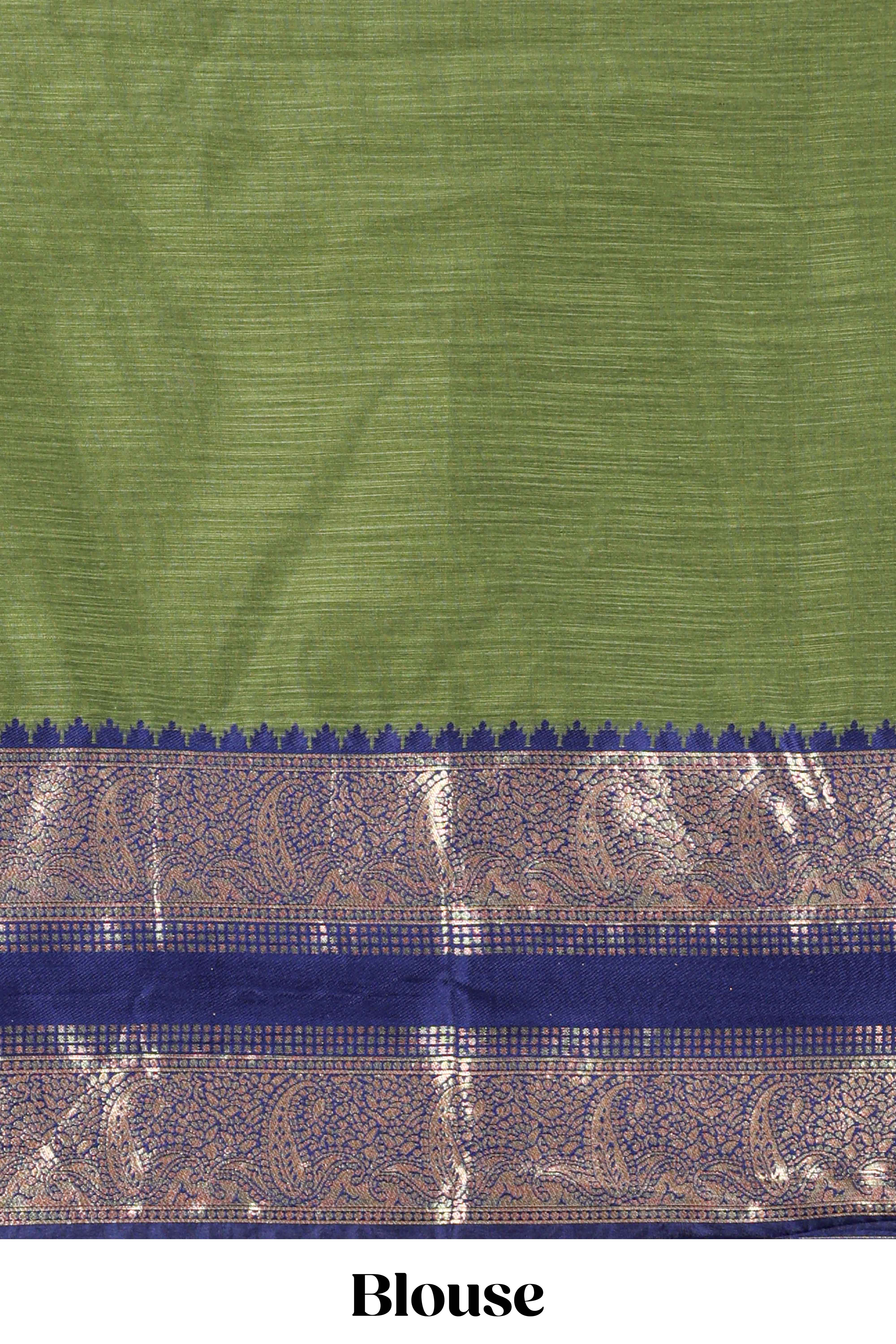 Green Blue Cotton Half Saree with Gold Zari Border Traditional Embroidery and Elegant Tassel Detailing