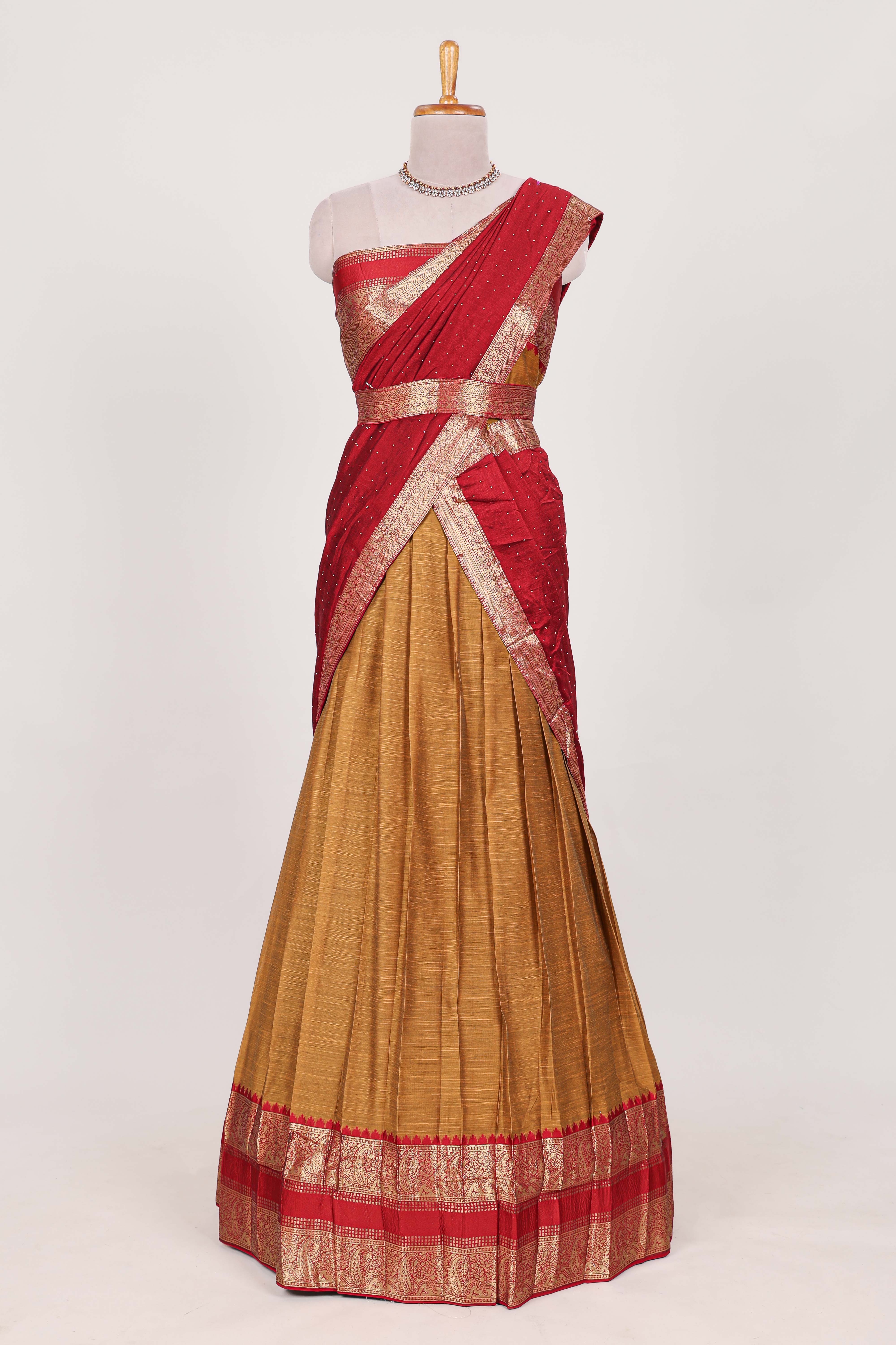 Antique gold Cotton Half Saree with Copper Zari Border Traditional Embroidery and Elegant Tassel Detailing