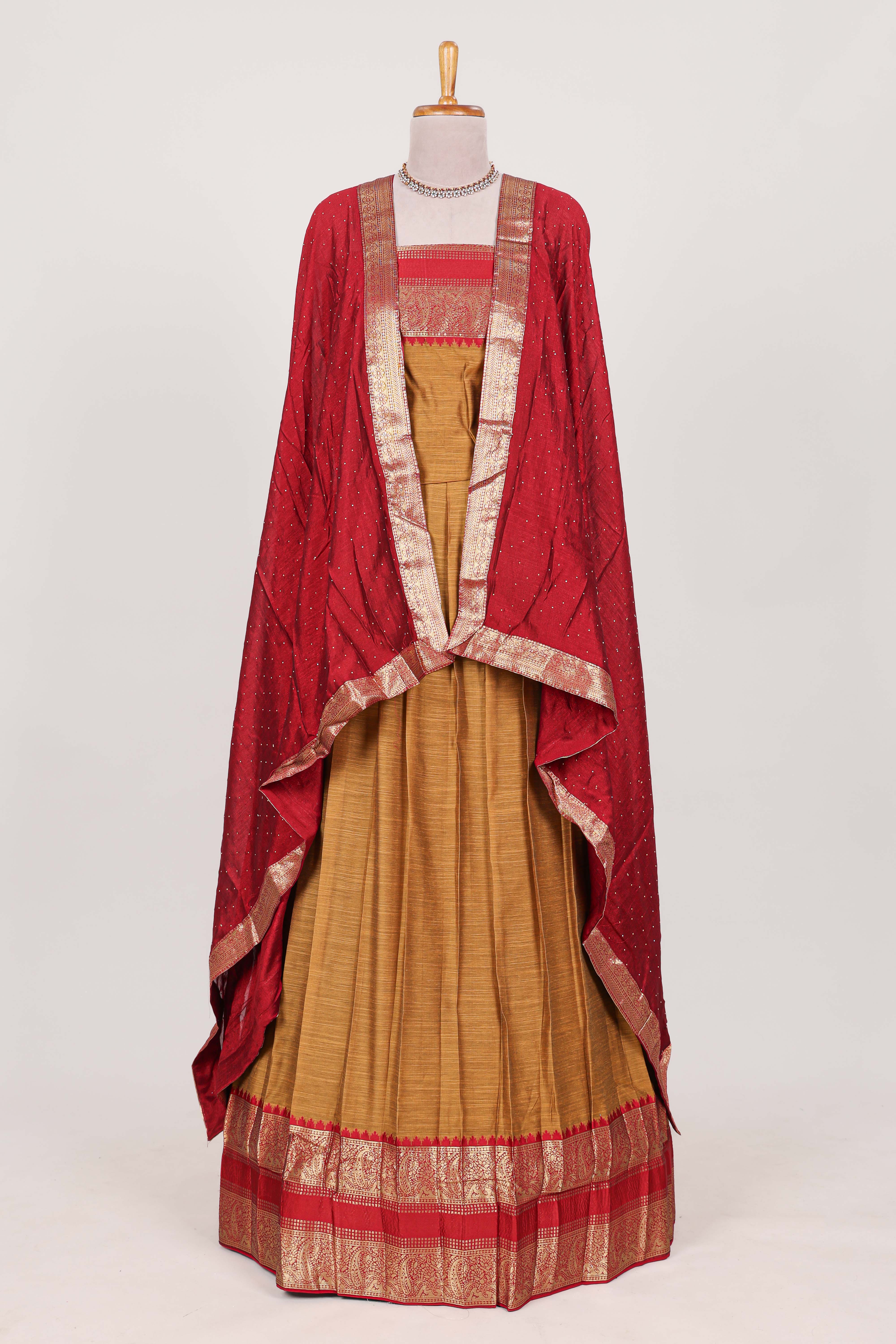 Antique gold Cotton Half Saree with Copper Zari Border Traditional Embroidery and Elegant Tassel Detailing