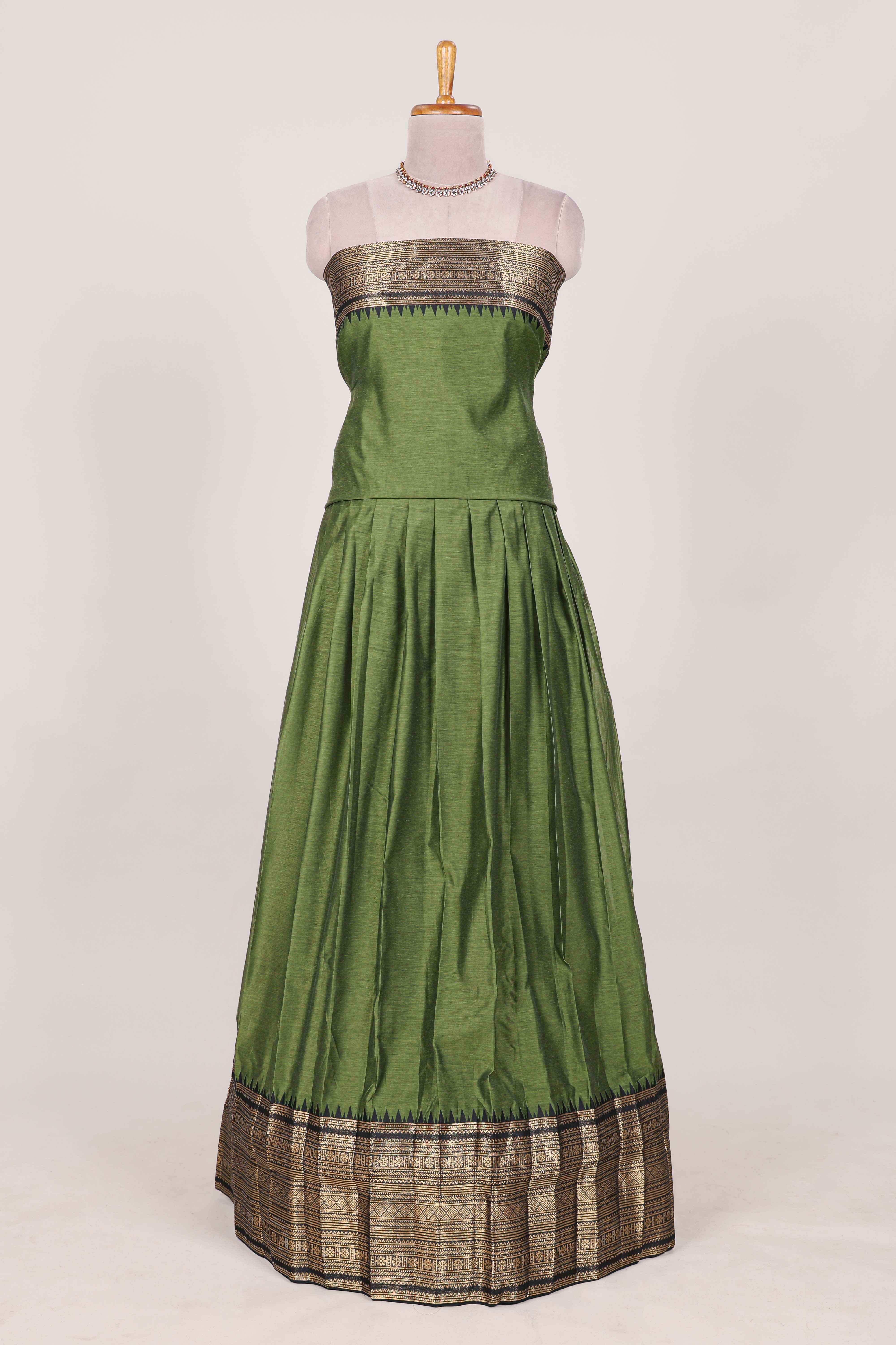 Green with Black Cotton Half Saree with Gold Zari Border Traditional Embroidery and Elegant Tassel Detailing