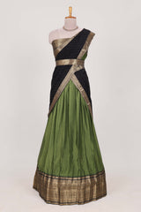 Green with Black Cotton Half Saree with Gold Zari Border Traditional Embroidery and Elegant Tassel Detailing