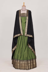 Green with Black Cotton Half Saree with Gold Zari Border Traditional Embroidery and Elegant Tassel Detailing