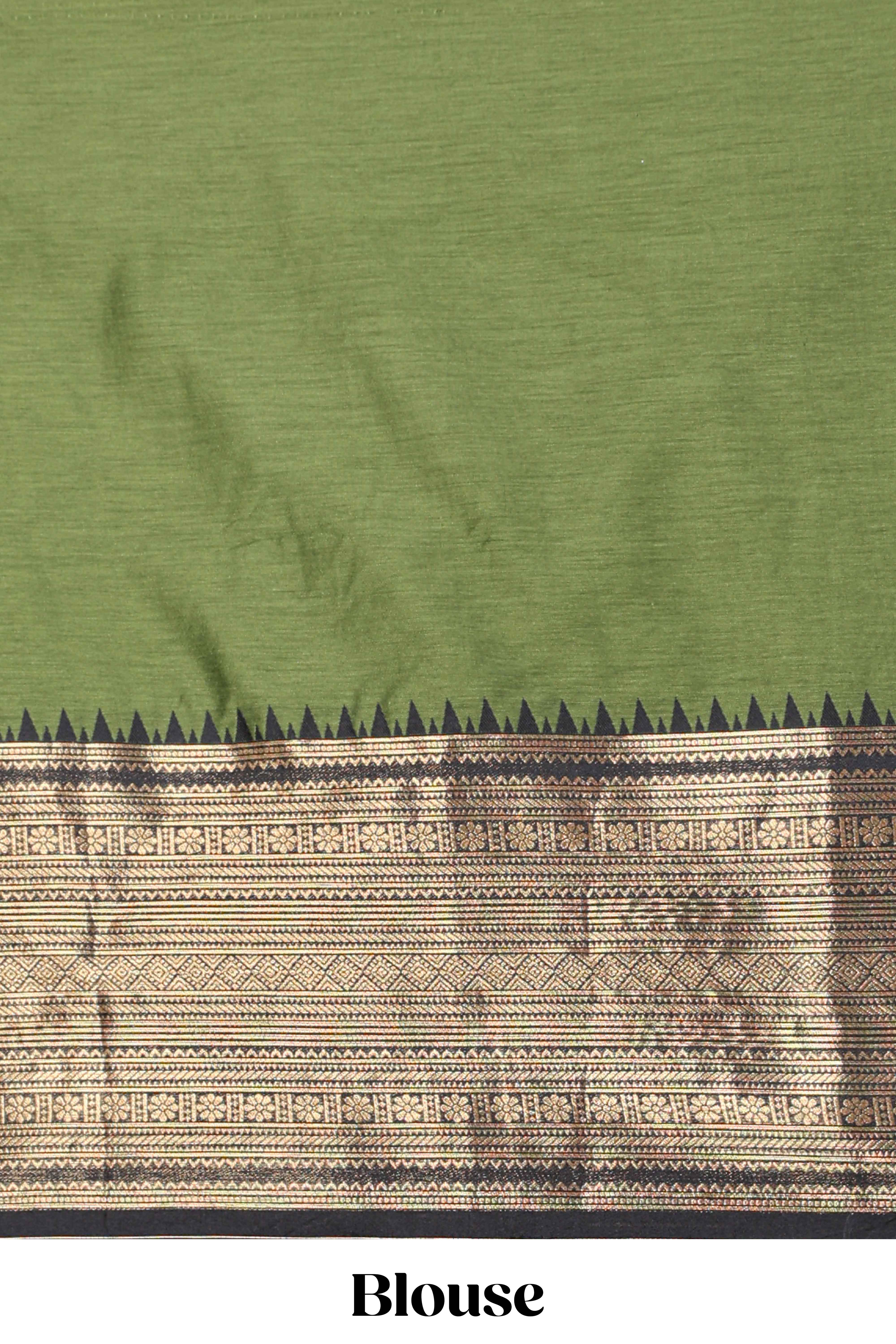 Green with Black Cotton Half Saree with Gold Zari Border Traditional Embroidery and Elegant Tassel Detailing