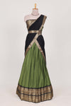Green Cotton Half Saree with Gold Zari Border Traditional Embroidery and Elegant Tassel Detailing