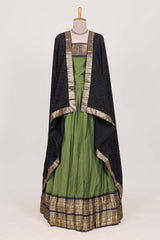 Green Cotton Half Saree with Gold Zari Border Traditional Embroidery and Elegant Tassel Detailing