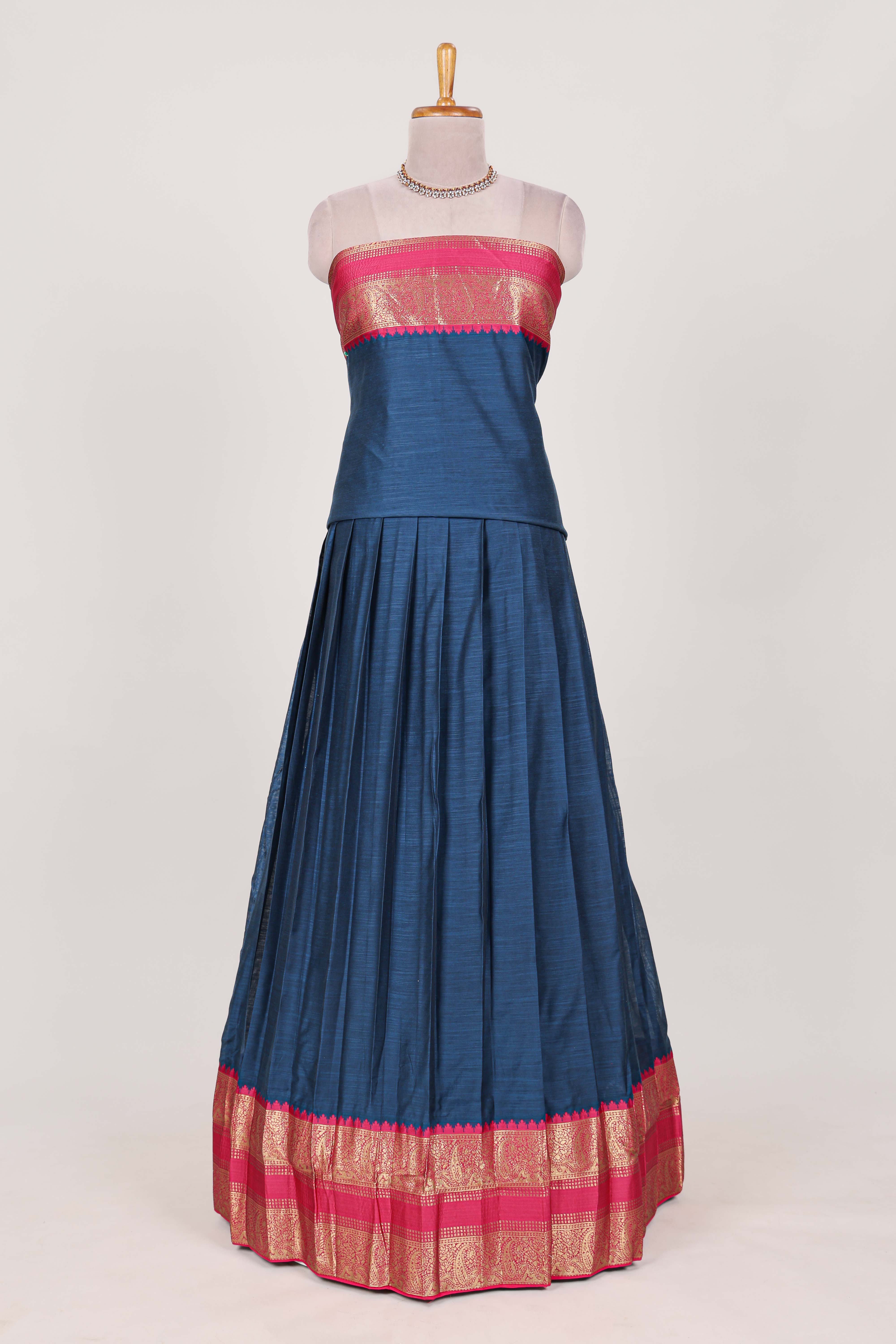 Royal blue Cotton Half Saree with Gold Zari Border Traditional Embroidery and Elegant Tassel Detailing
