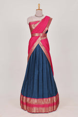 Royal blue Cotton Half Saree with Gold Zari Border Traditional Embroidery and Elegant Tassel Detailing
