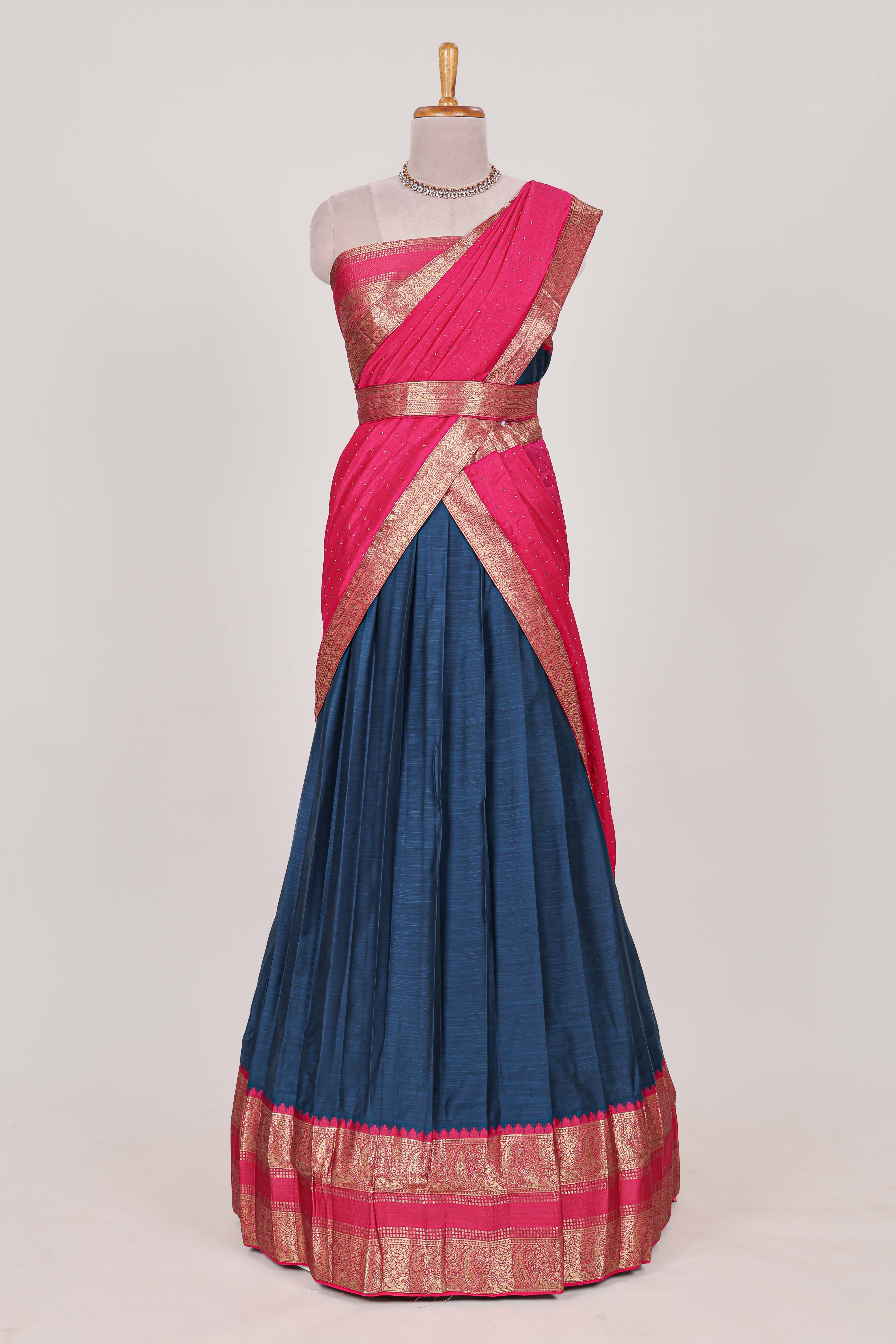 Royal blue Cotton Half Saree with Gold Zari Border Traditional Embroidery and Elegant Tassel Detailing