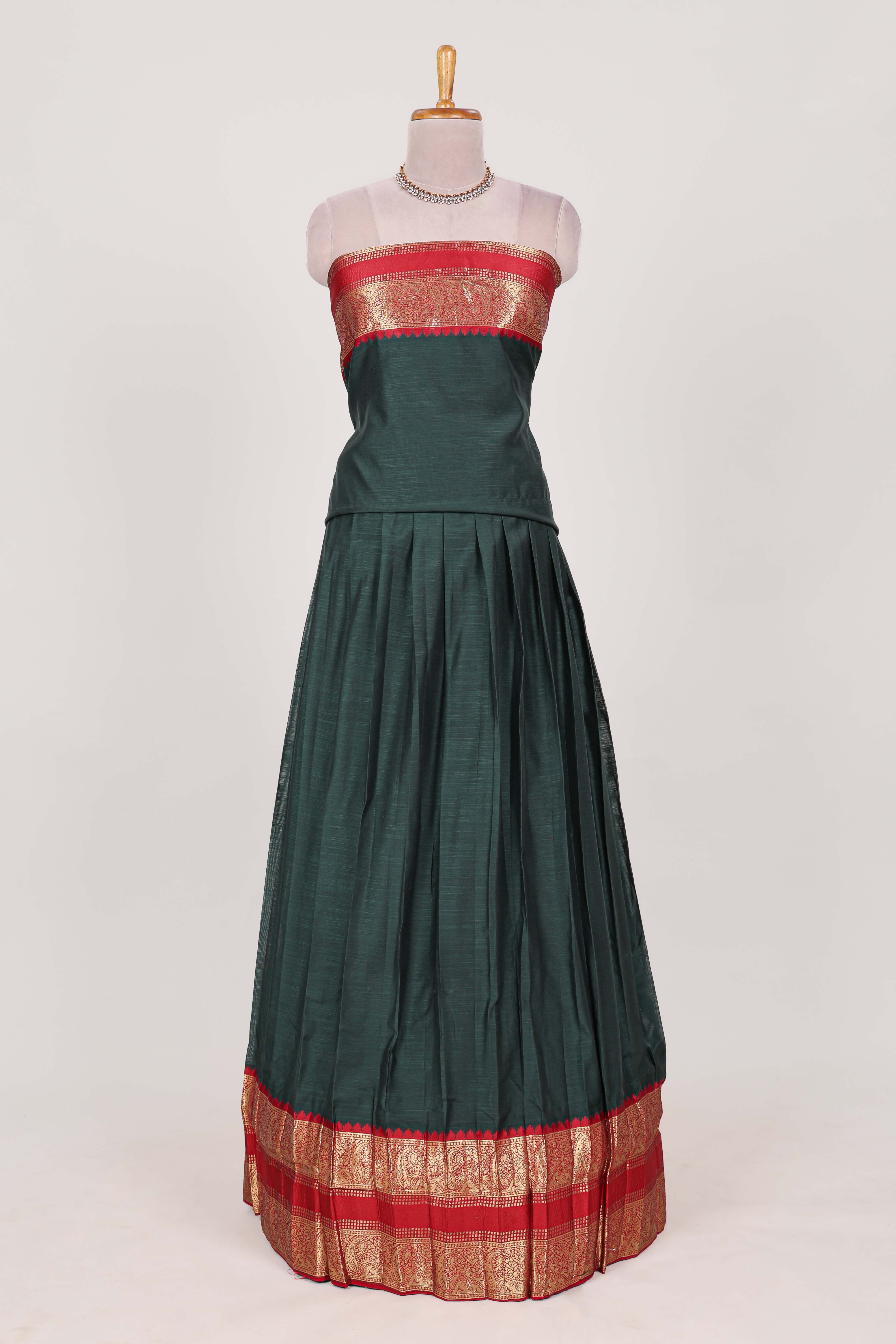 Dark Green Cotton Half Saree with Gold Zari Border Traditional Embroidery and Elegant Tassel Detailing