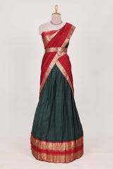 Dark Green Cotton Half Saree with Gold Zari Border Traditional Embroidery and Elegant Tassel Detailing