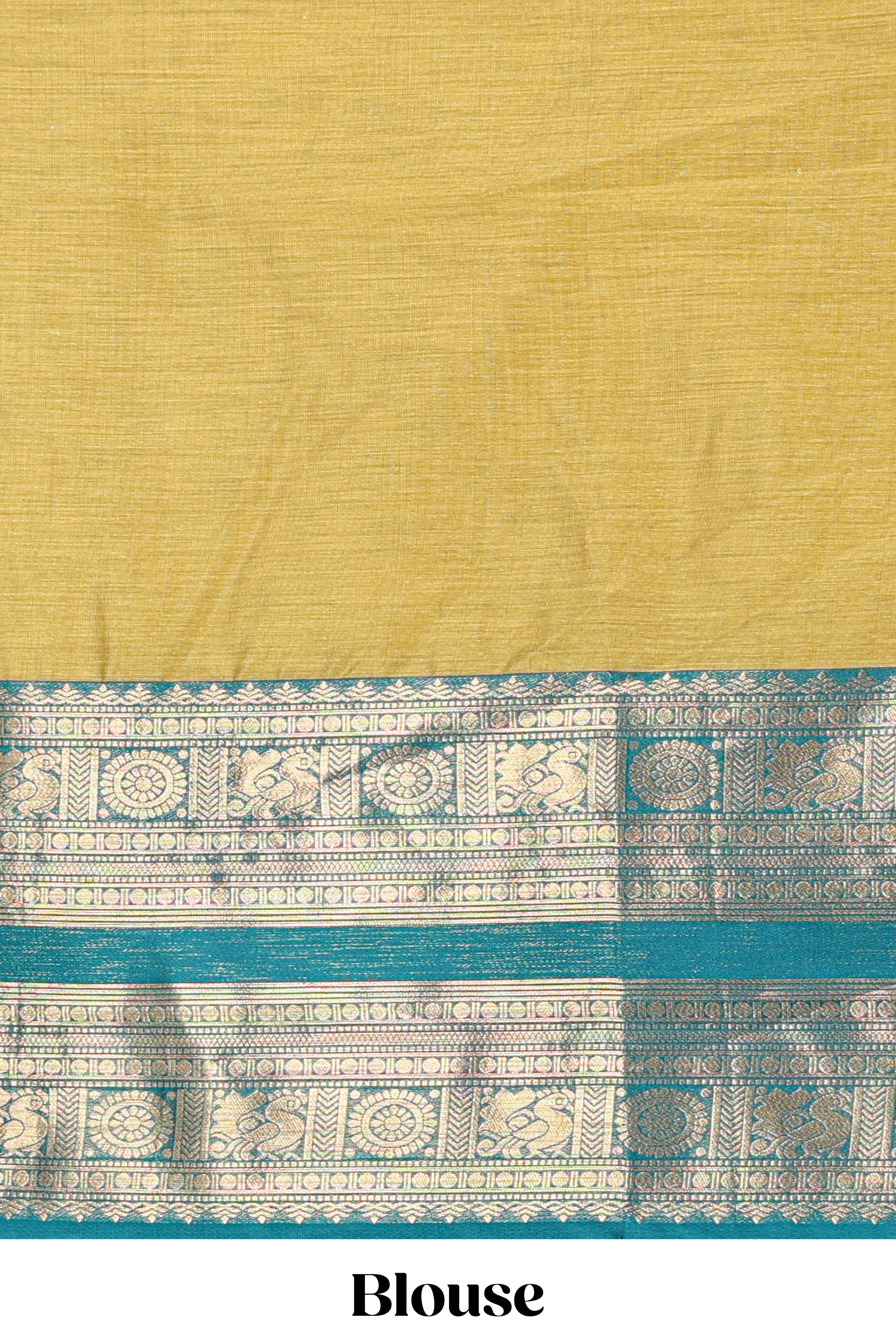 Golden Green Cotton Half Saree with Gold Zari Border Traditional Embroidery and Elegant Tassel Detailing