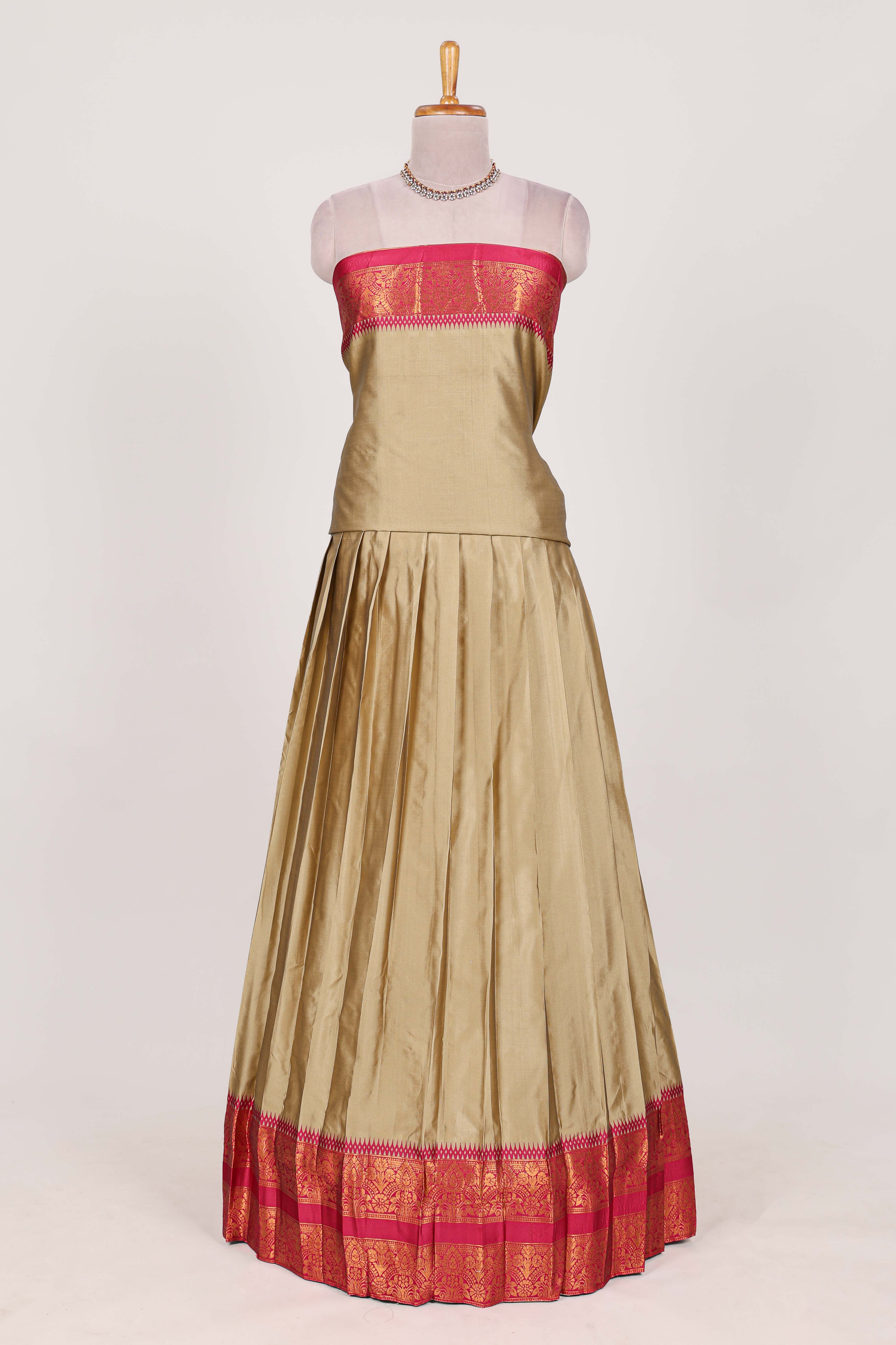 Sandle Cotton Half Saree with Gold Zari Border Traditional Embroidery and Elegant Tassel Detailing