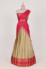 Sandle Cotton Half Saree with Gold Zari Border Traditional Embroidery and Elegant Tassel Detailing
