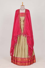 Sandle Cotton Half Saree with Gold Zari Border Traditional Embroidery and Elegant Tassel Detailing