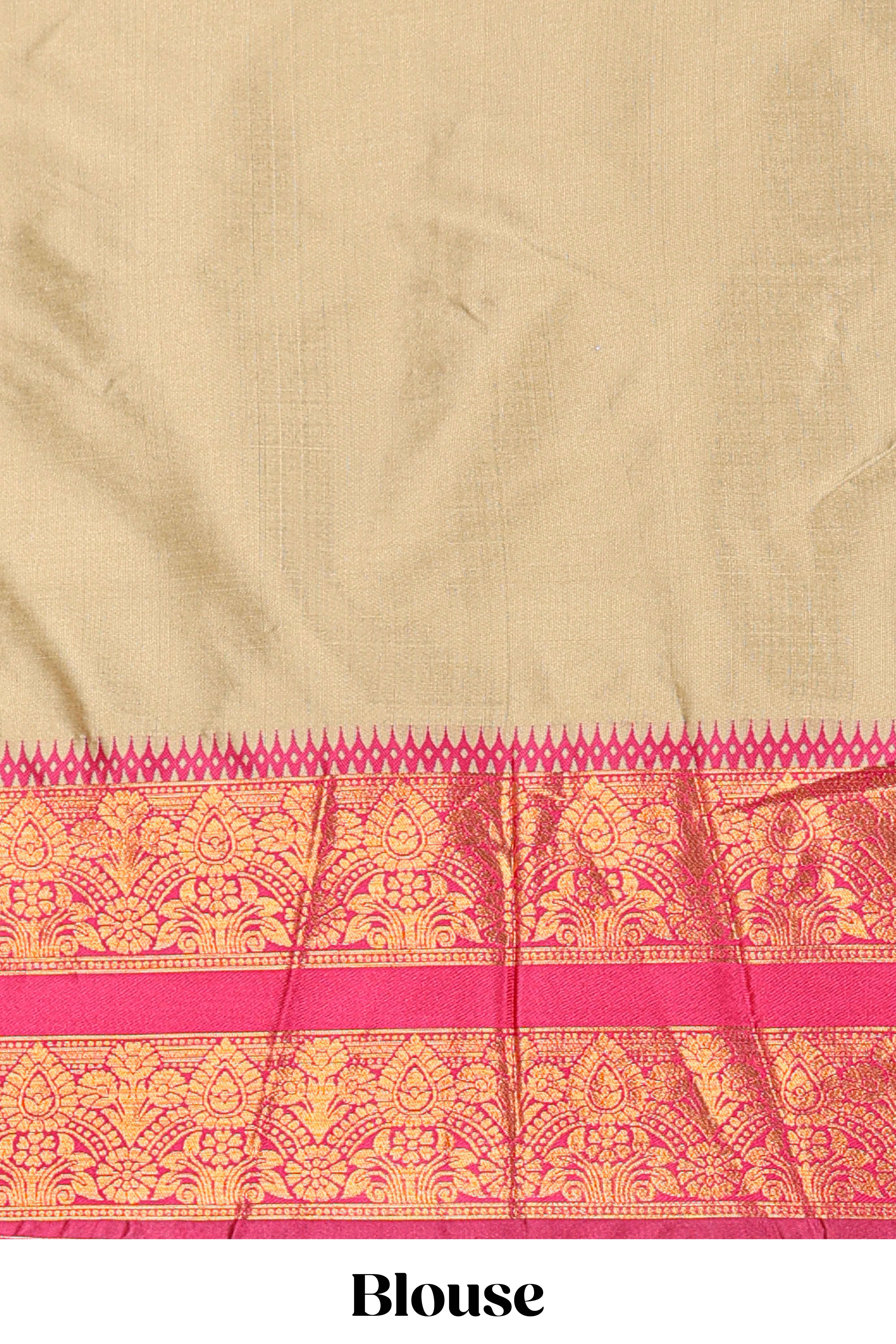 Sandle Cotton Half Saree with Gold Zari Border Traditional Embroidery and Elegant Tassel Detailing