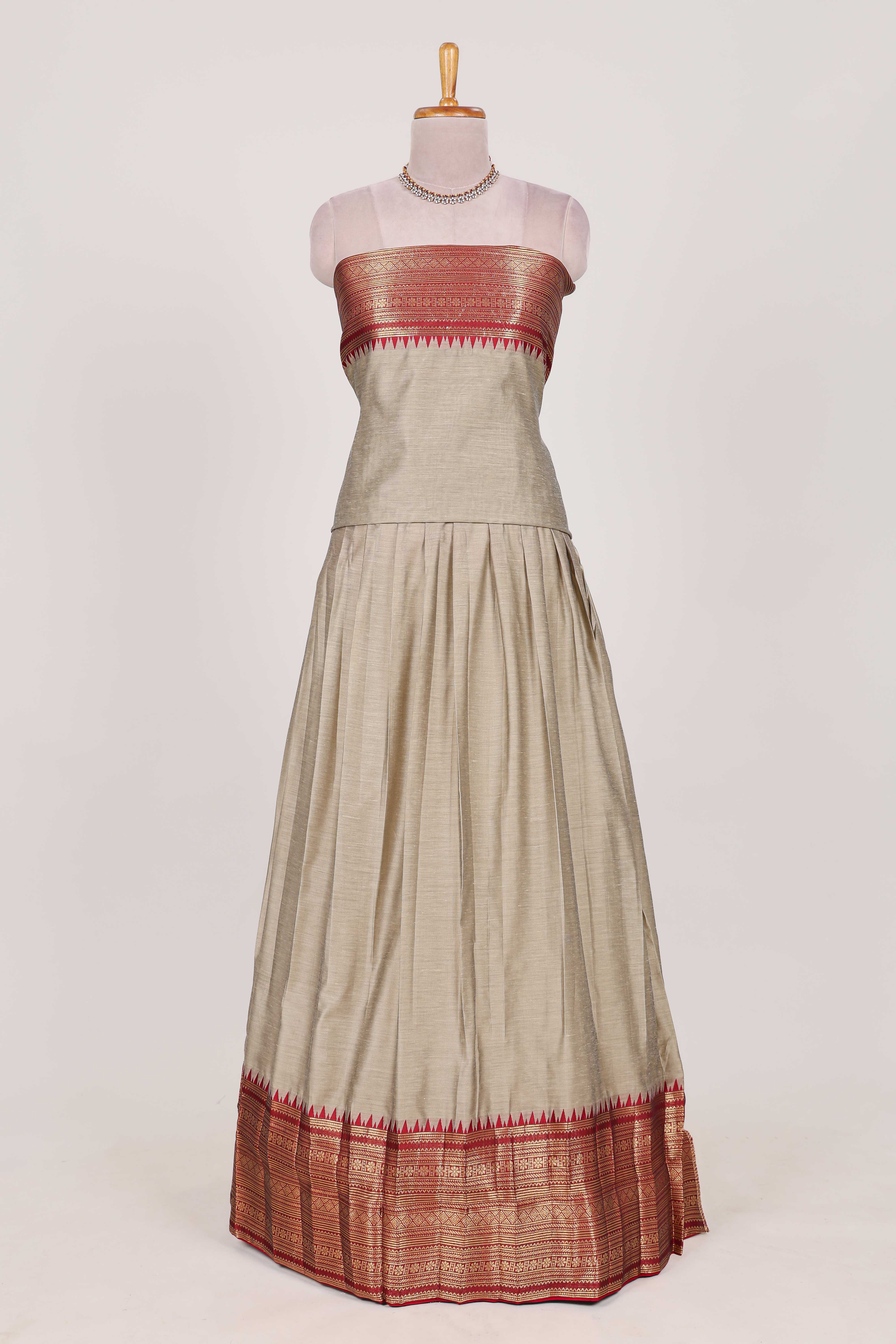 Beige and Red Cotton Half Saree with Gold Zari Border Traditional Embroidery and Elegant Detailing