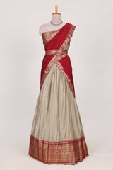 Beige and Red Cotton Half Saree with Gold Zari Border Traditional Embroidery and Elegant Detailing