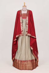Beige and Red Cotton Half Saree with Gold Zari Border Traditional Embroidery and Elegant Detailing