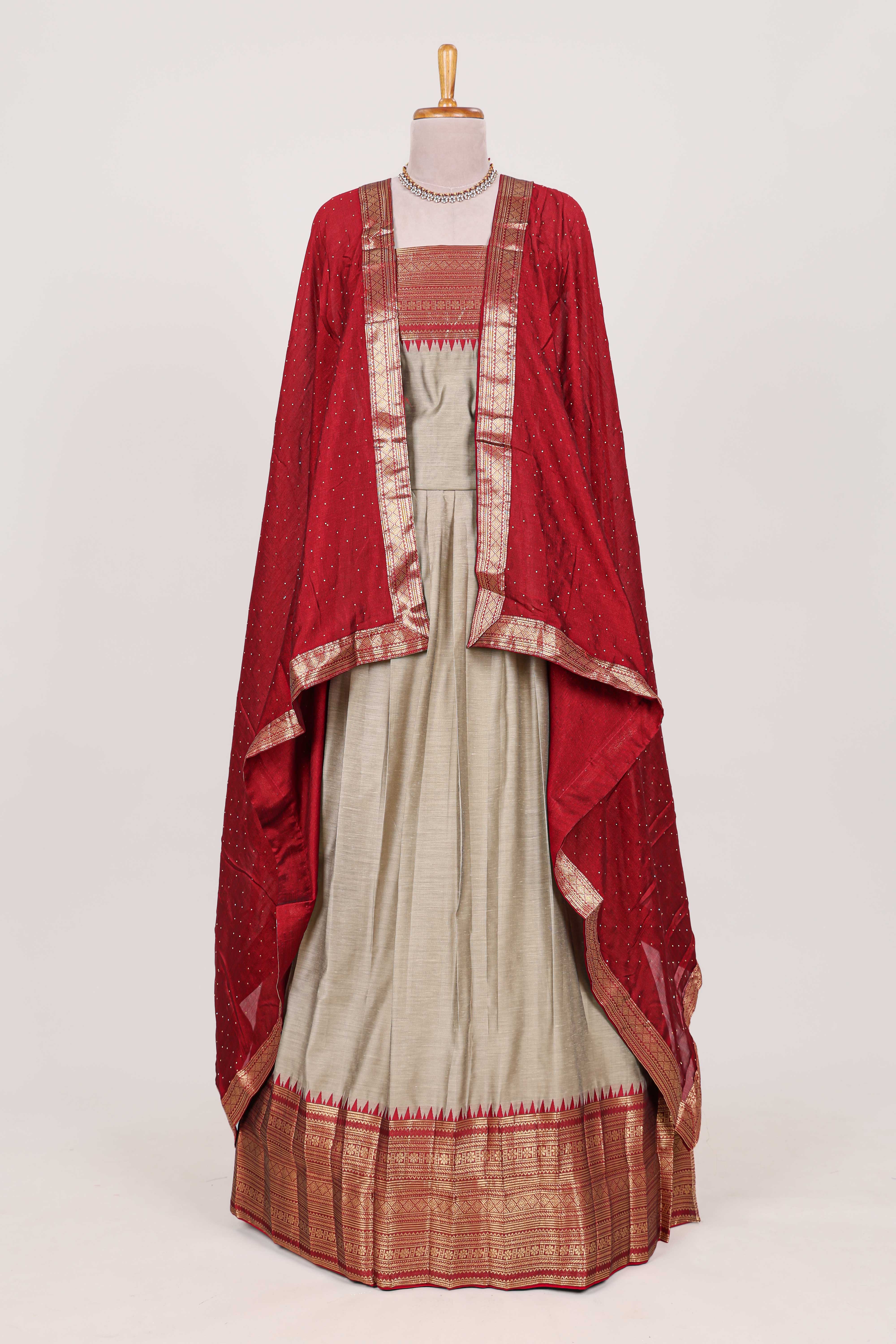 Beige and Red Cotton Half Saree with Gold Zari Border Traditional Embroidery and Elegant Detailing