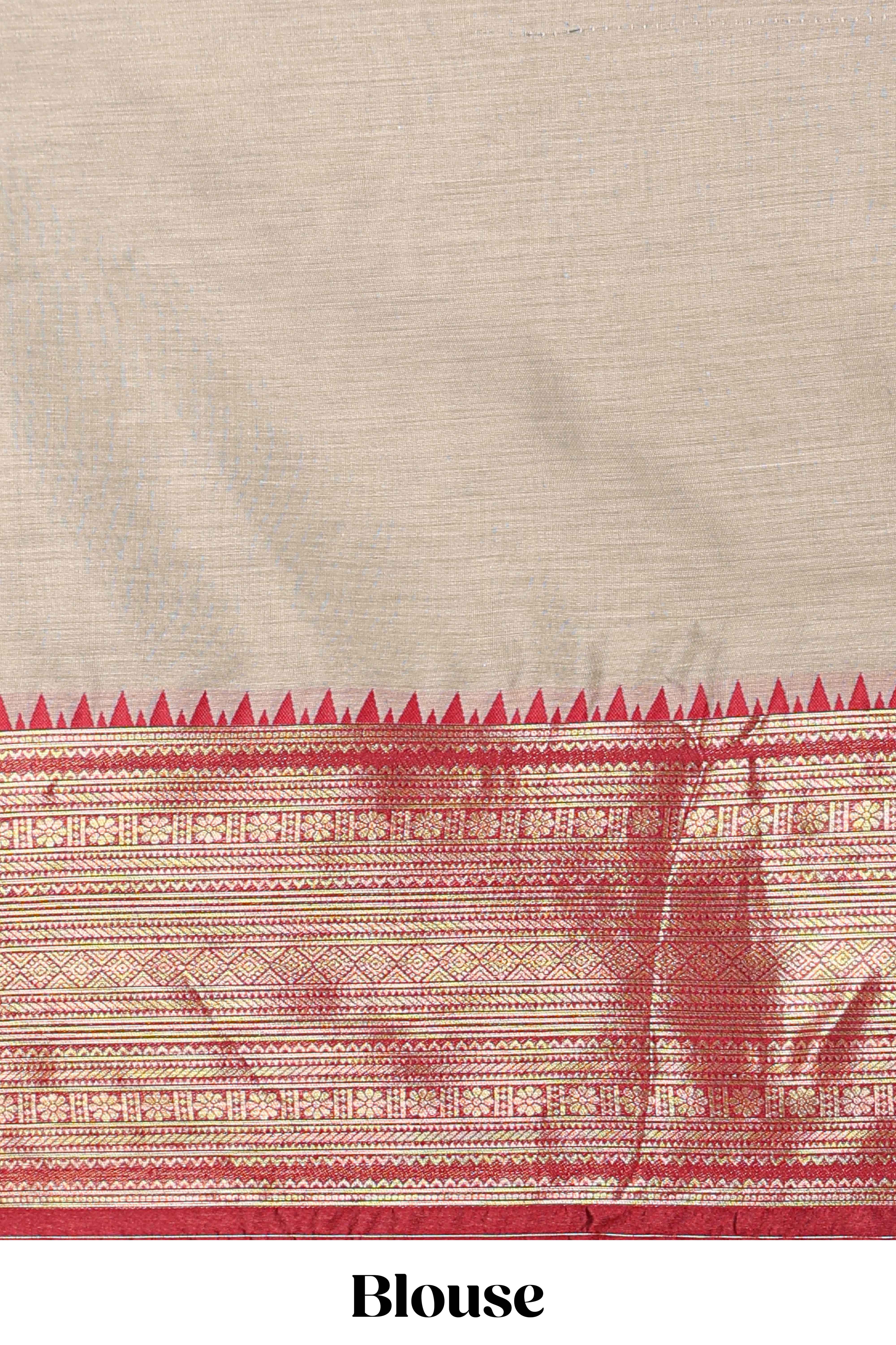 Beige and Red Cotton Half Saree with Gold Zari Border Traditional Embroidery and Elegant Detailing