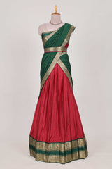 Green and Red Cotton Half Saree with Gold Zari Border Traditional Embroidery and ElegantDetailing