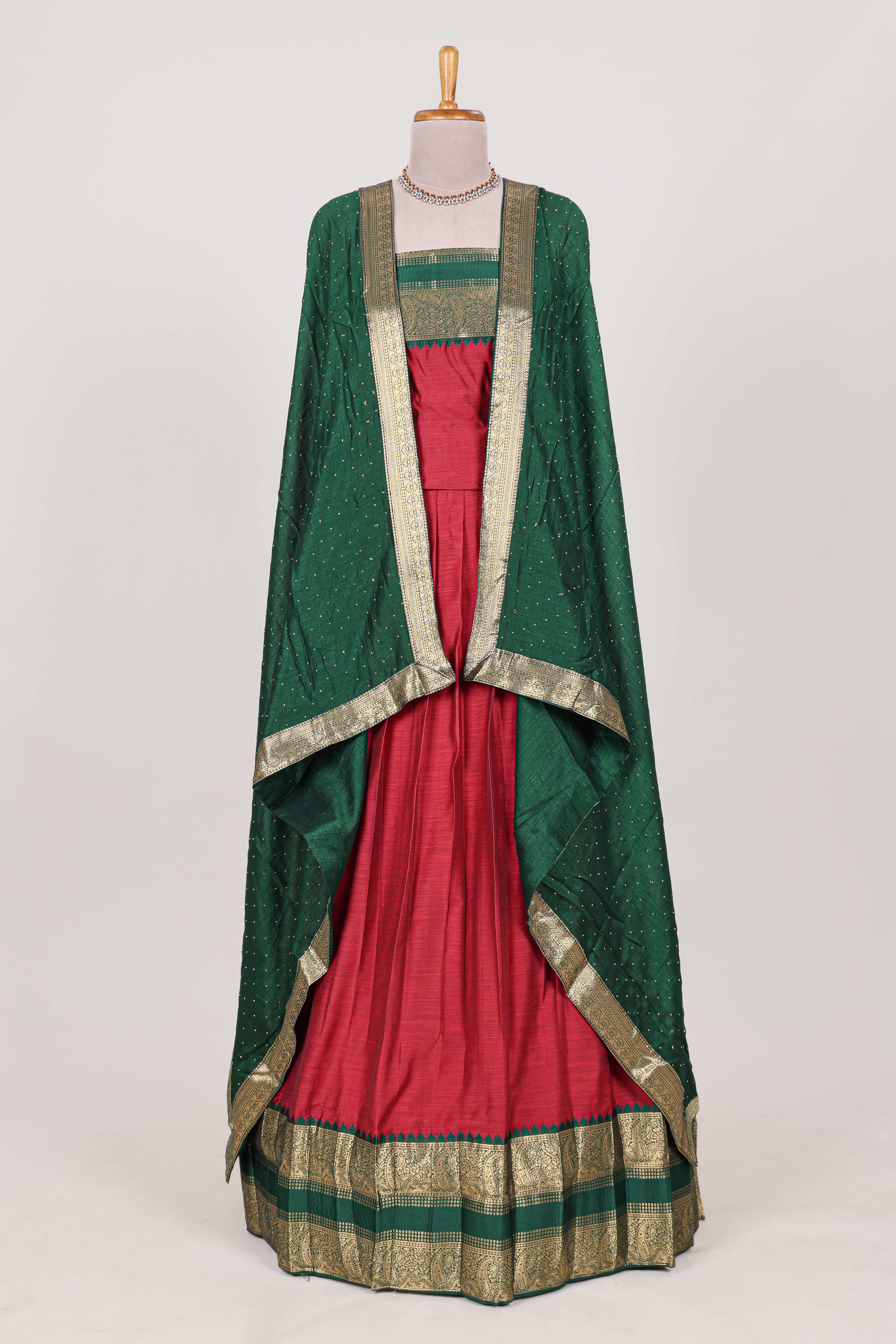 Green and Red Cotton Half Saree with Gold Zari Border Traditional Embroidery and ElegantDetailing