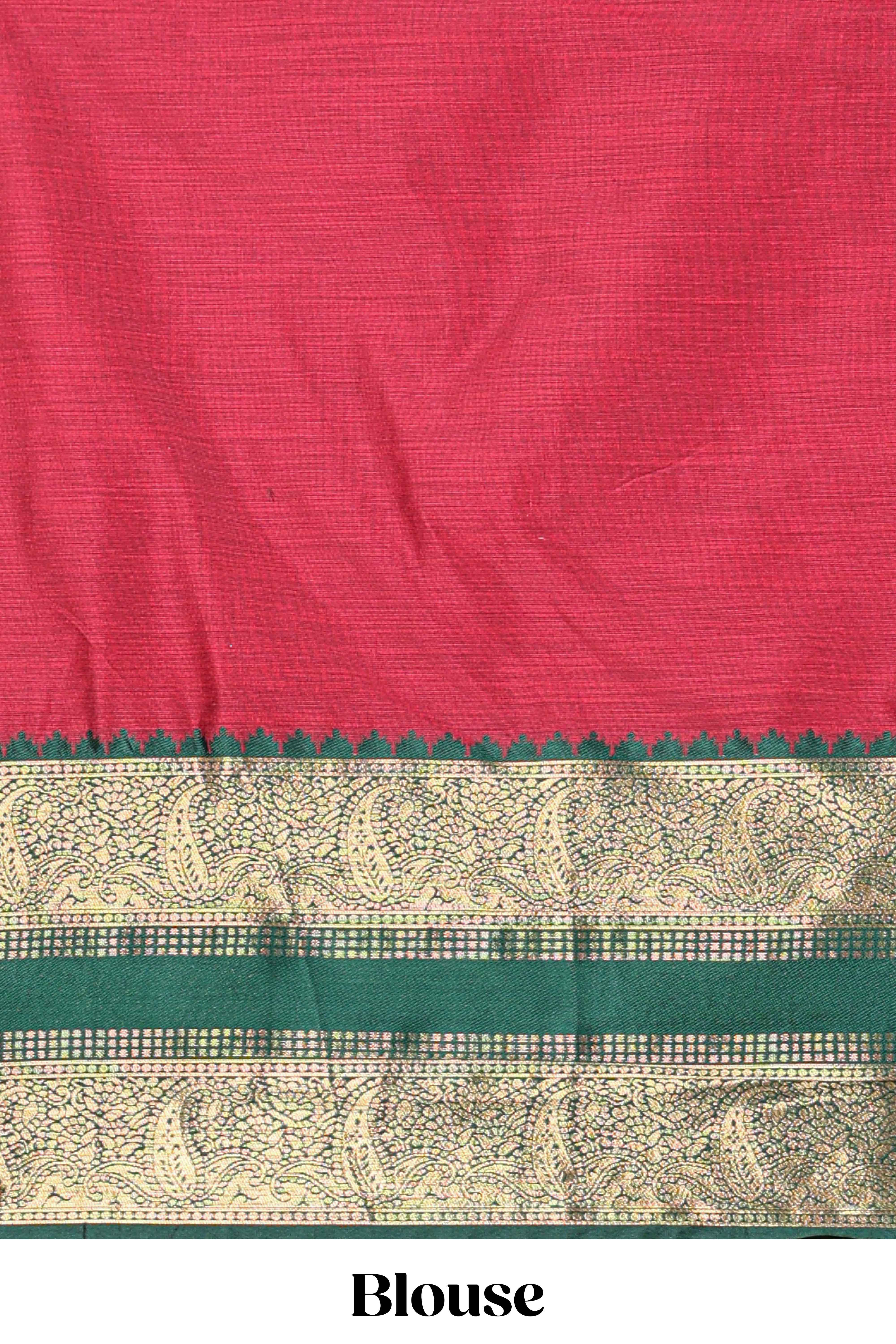 Green and Red Cotton Half Saree with Gold Zari Border Traditional Embroidery and ElegantDetailing