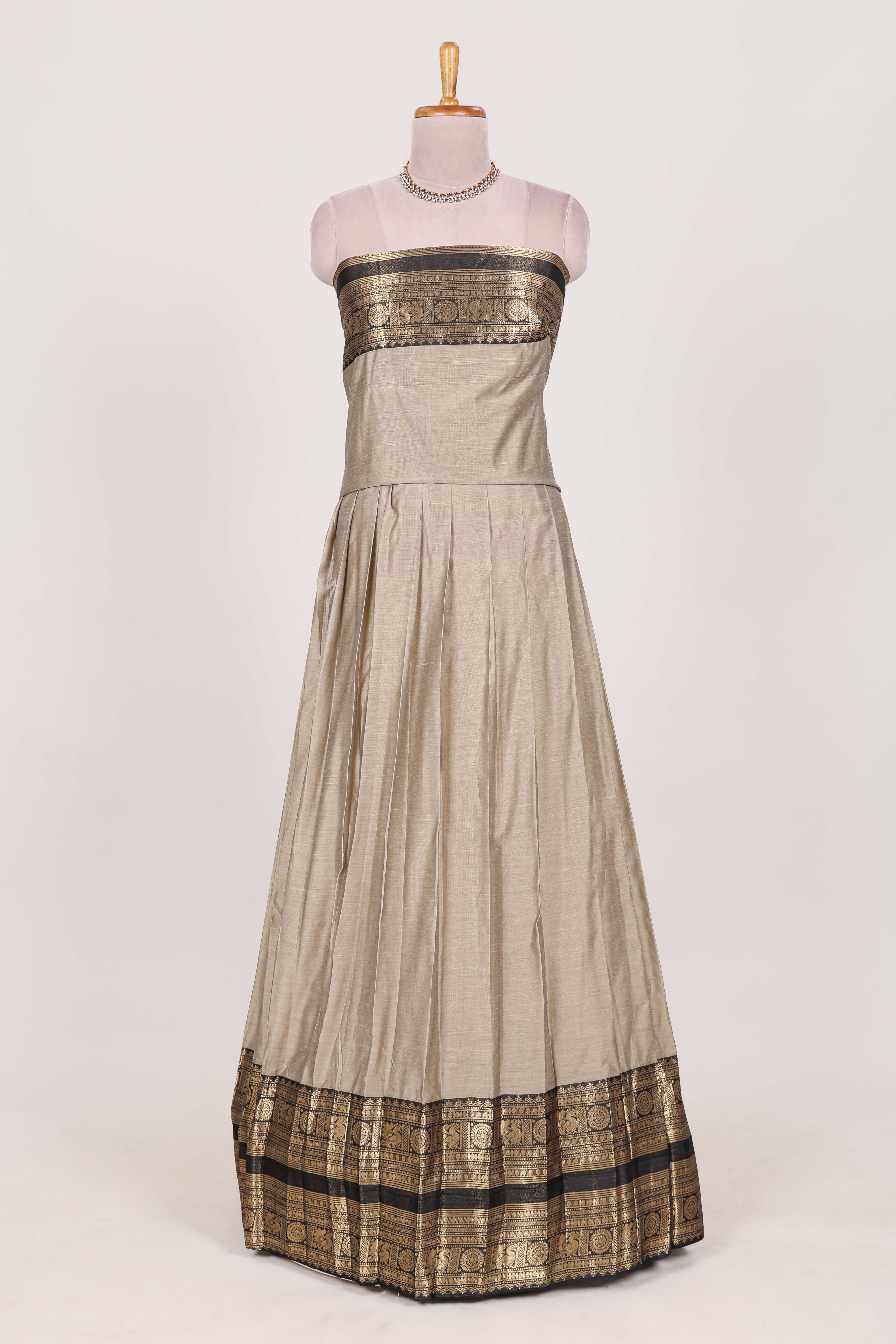 Beige Colour Cotton Half Saree with Gold Zari Border Traditional Embroidery and ElegantDetailing