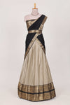 Beige Colour Cotton Half Saree with Gold Zari Border Traditional Embroidery and ElegantDetailing