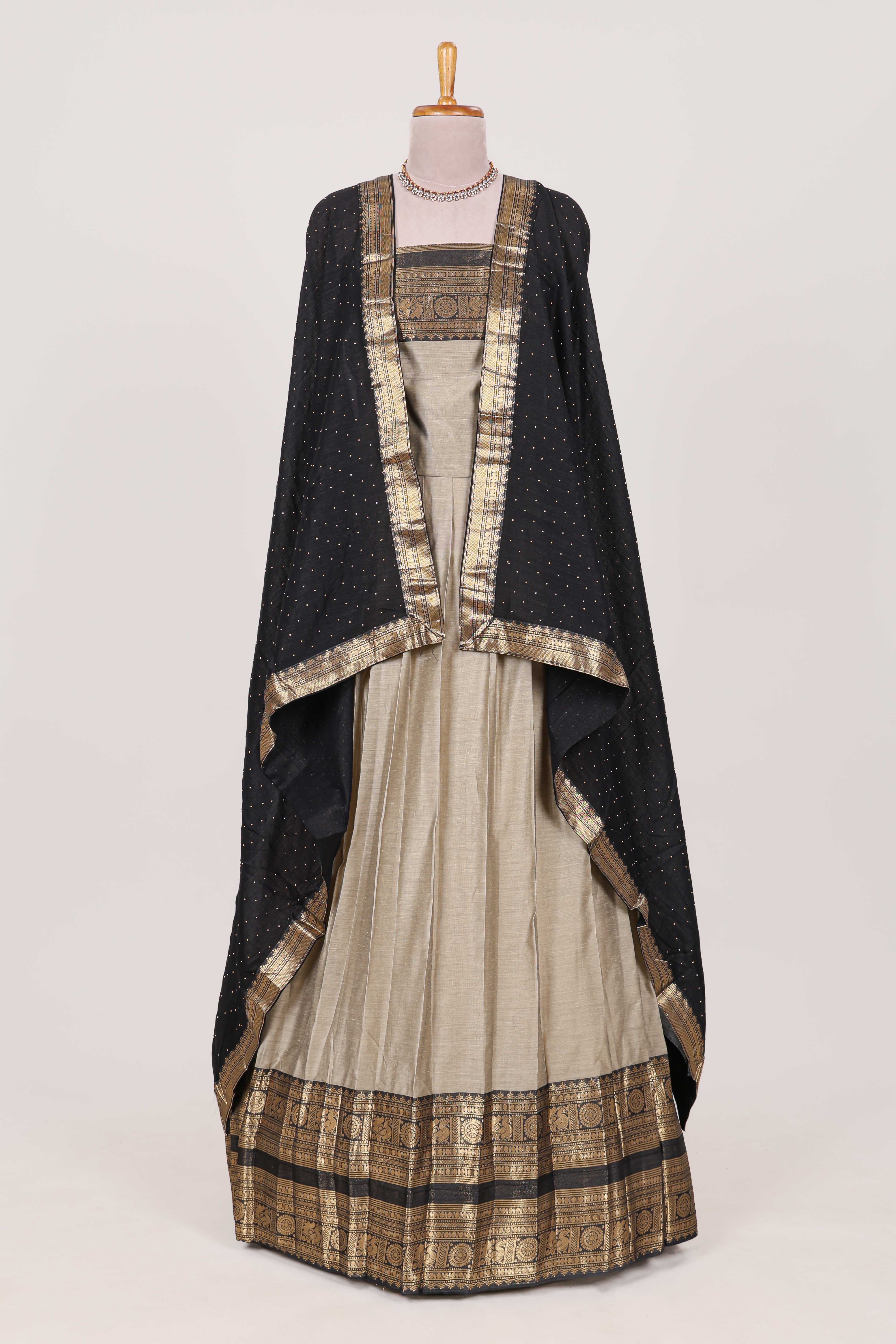 Beige Colour Cotton Half Saree with Gold Zari Border Traditional Embroidery and ElegantDetailing