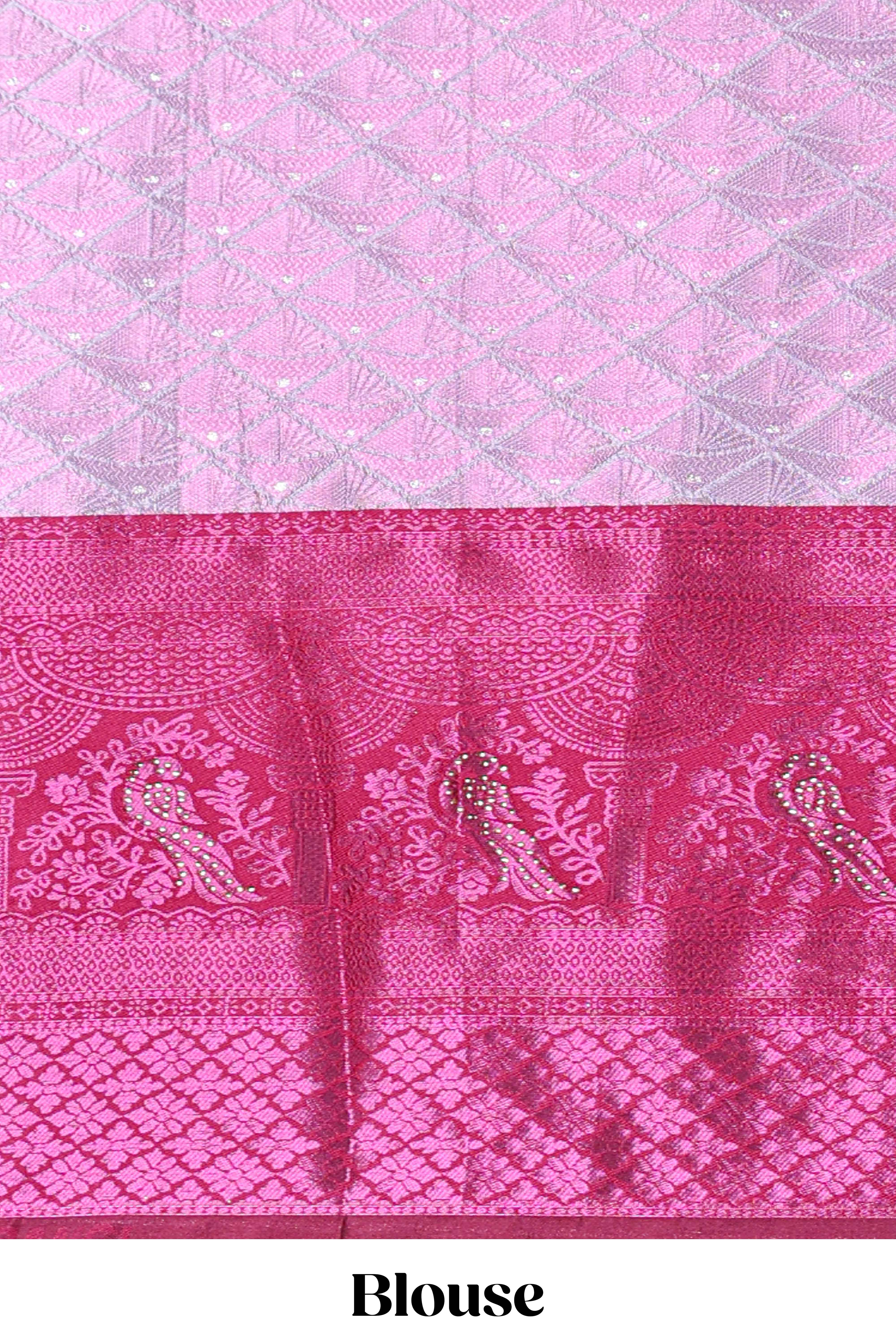 Lavender tissue lehenga featuring intricate thread weaving details with a beautiful contrast border Paired with a brocadeshawl