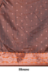 Brown lehenga featuring intricate copper thread weaving details with a beautiful contrast border Paired with a brocadeshawl