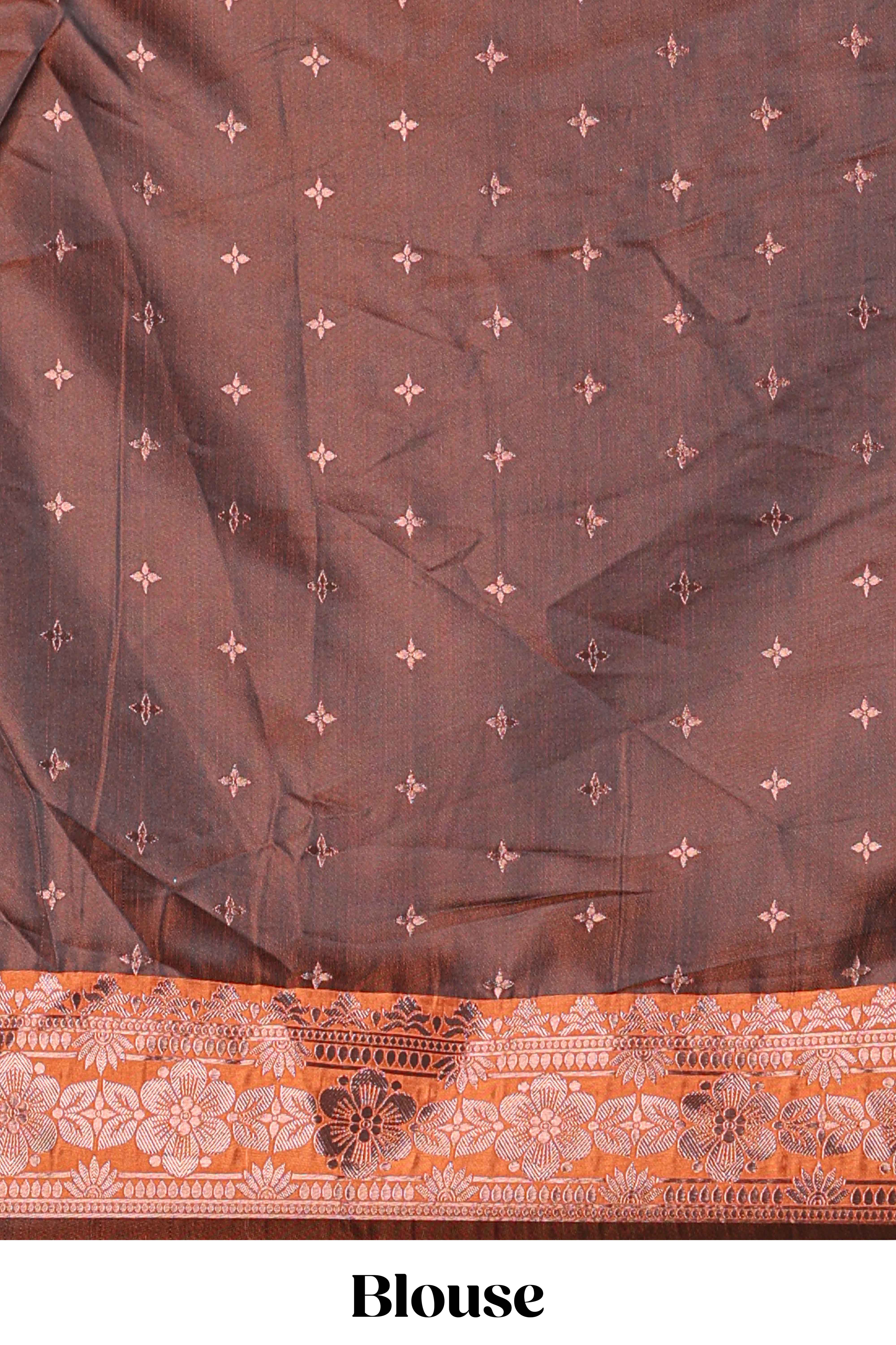 Brown lehenga featuring intricate copper thread weaving details with a beautiful contrast border Paired with a brocadeshawl