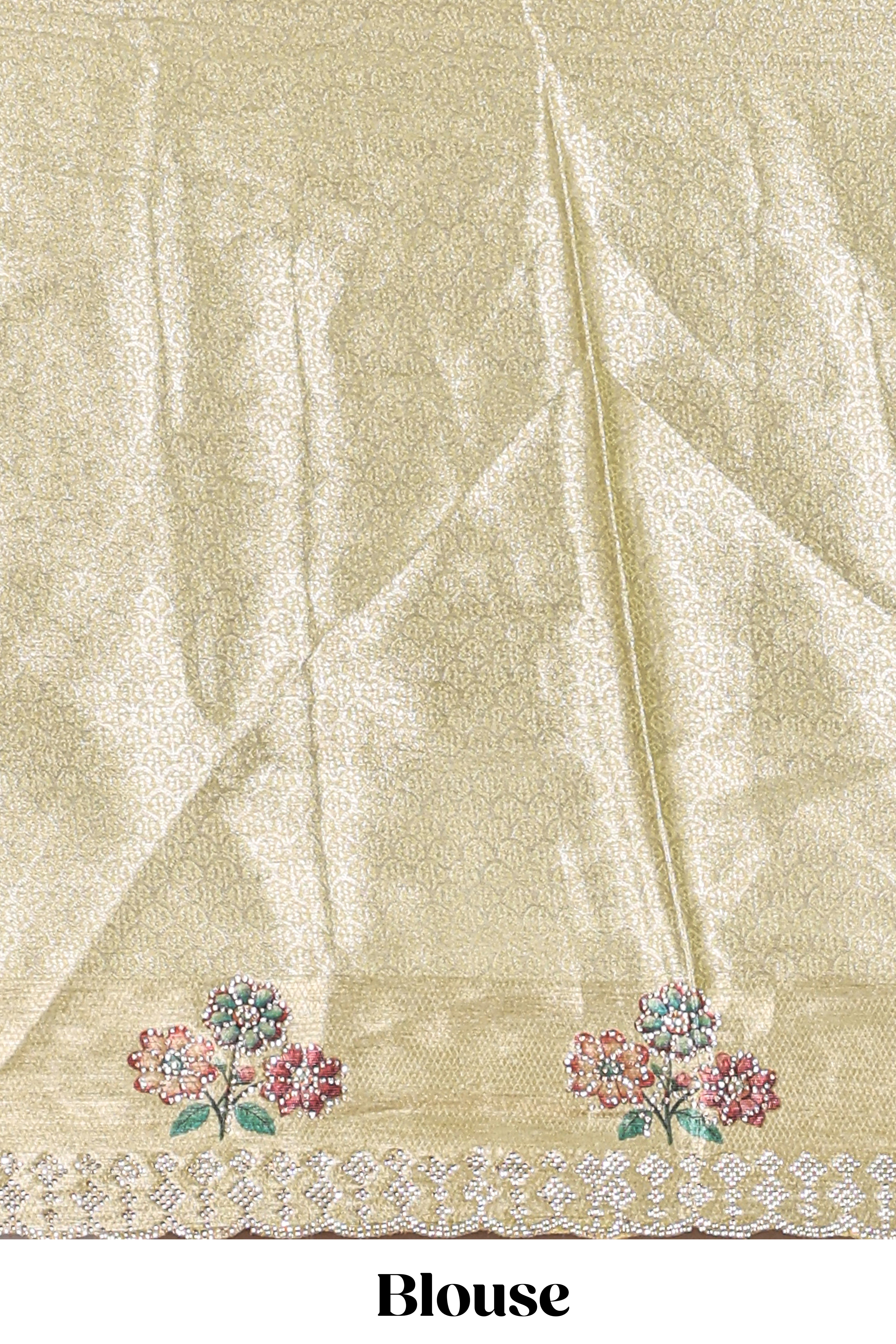 Gold shade zari designed lehanga with self floral motifs border and light green shade contrast blouse paired with plain shawl with few floral motifs