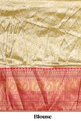 Ivory gold shade geometric zari lehanga featuring contrast border and matching blouse paired with contrast pink shawl