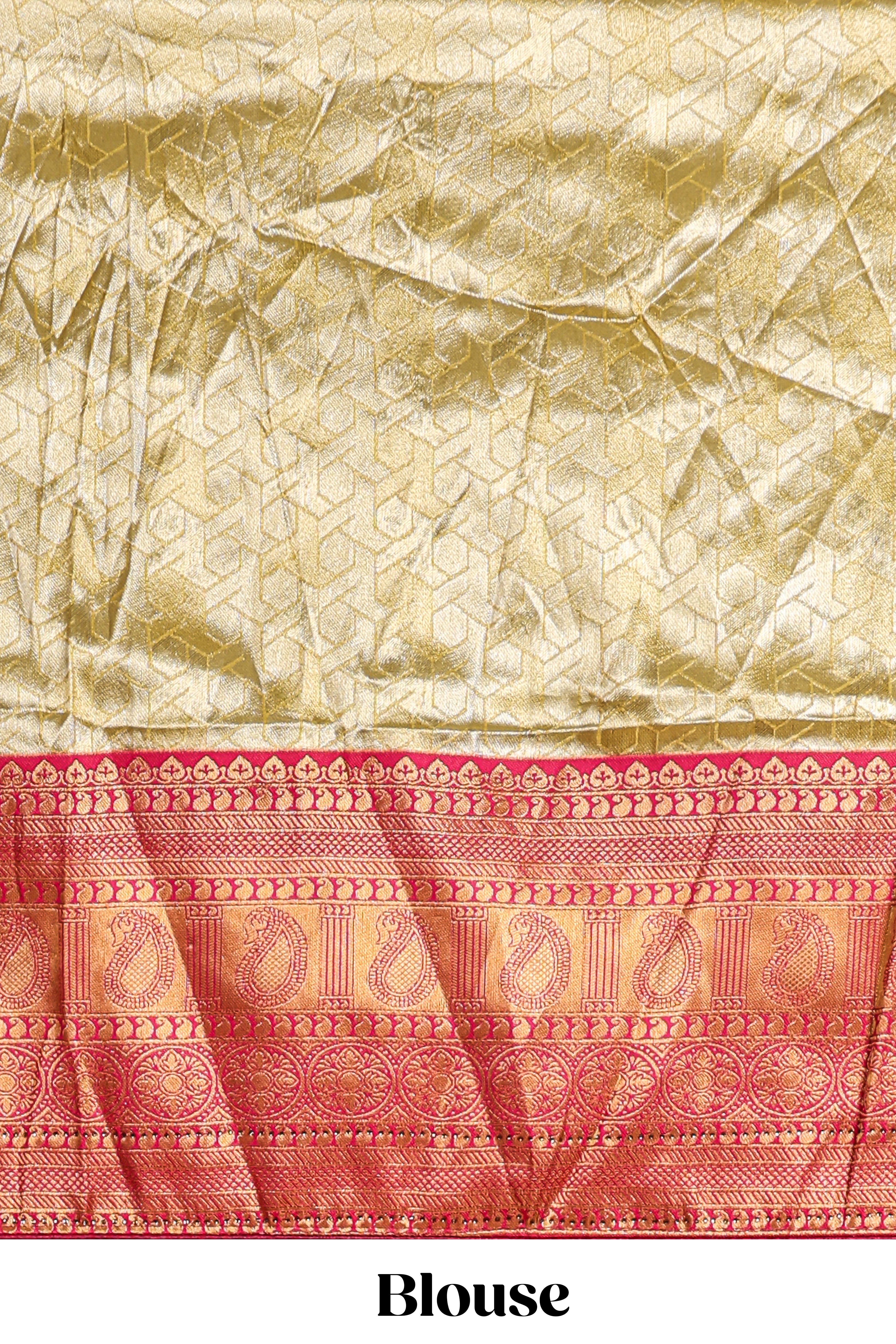 Ivory gold shade geometric zari lehanga featuring contrast border and matching blouse paired with contrast pink shawl