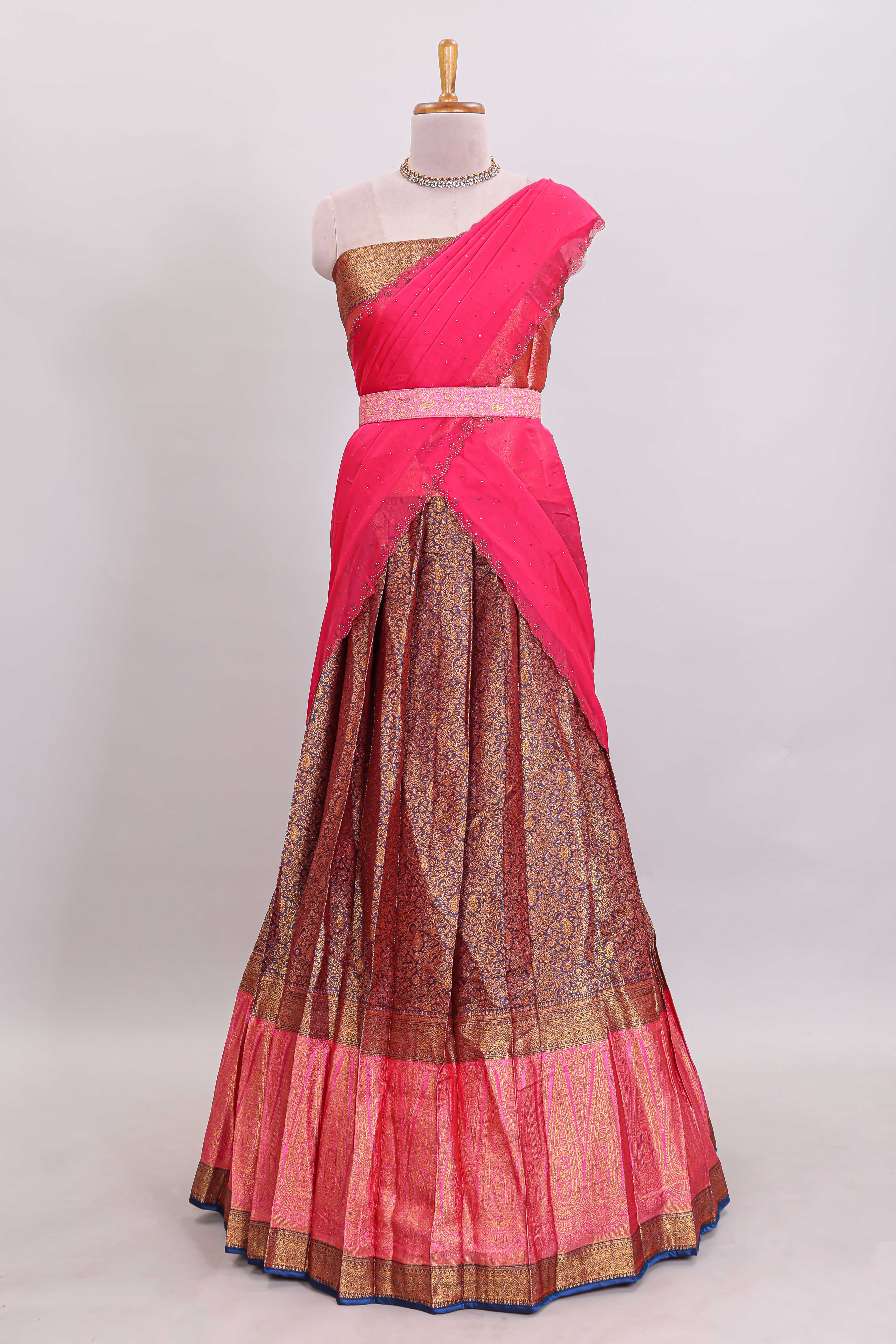 Maroon floral zari design lehanga featuring contrast border and blouse paired with contrast shawl
