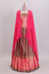 Maroon floral zari design lehanga featuring contrast border and blouse paired with contrast shawl