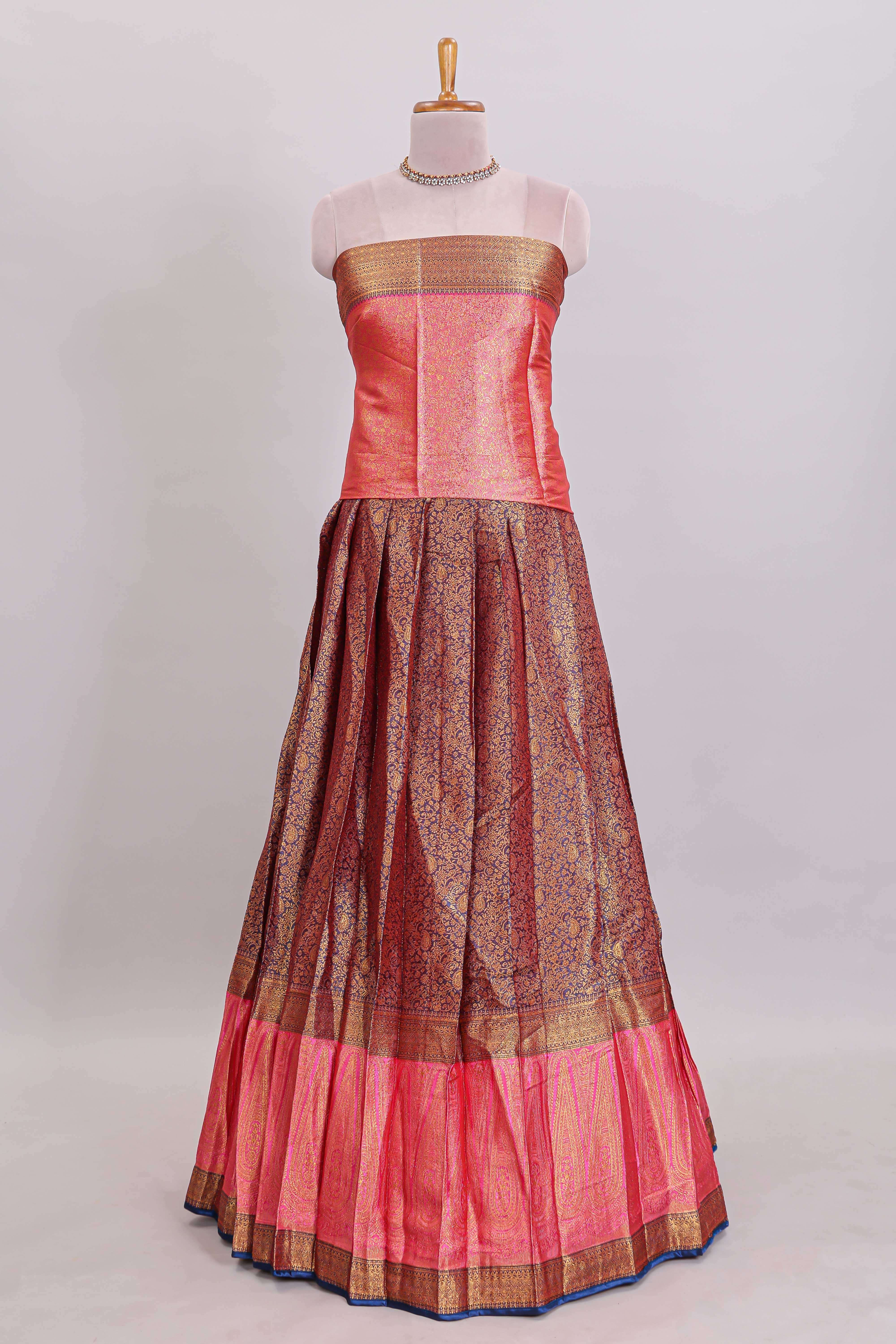 Maroon floral zari design lehanga featuring contrast border and blouse paired with contrast shawl