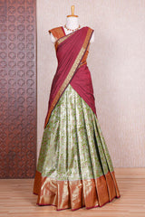 Forest green jacquard floral zari design half saree with contrast zari border and dhavani
