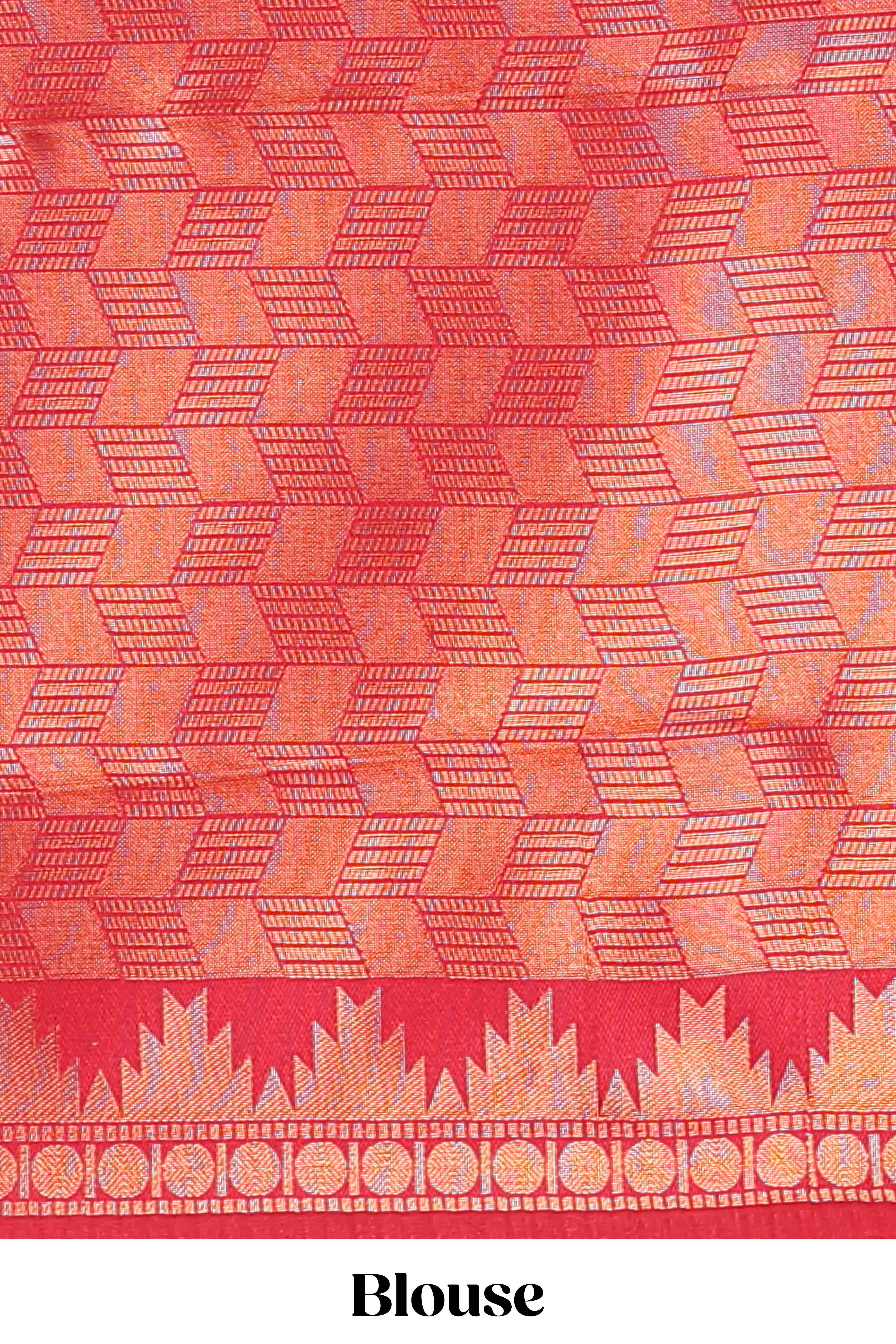 Peach checked geometric design litchi silk saree with contrast ikkat style bentex zari border and blouse