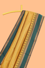 Mustard checked geometric design litchi silk saree with contrast ikkat style bentex zari border and blouse