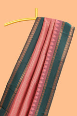 Pink checked geometric design litchi silk saree with contrast ikkat style bentex zari border and blouse