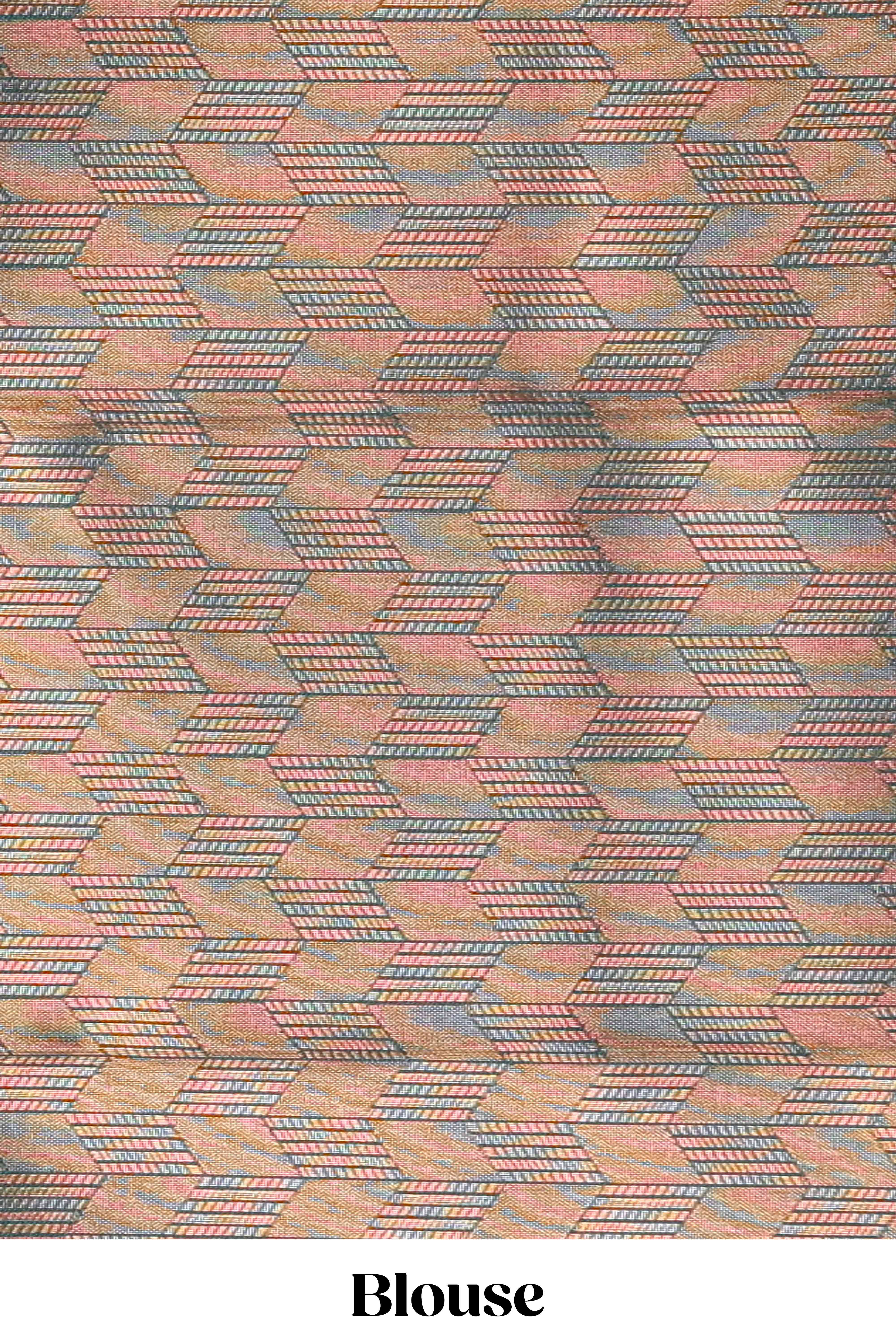 Pink checked geometric design litchi silk saree with contrast ikkat style bentex zari border and blouse