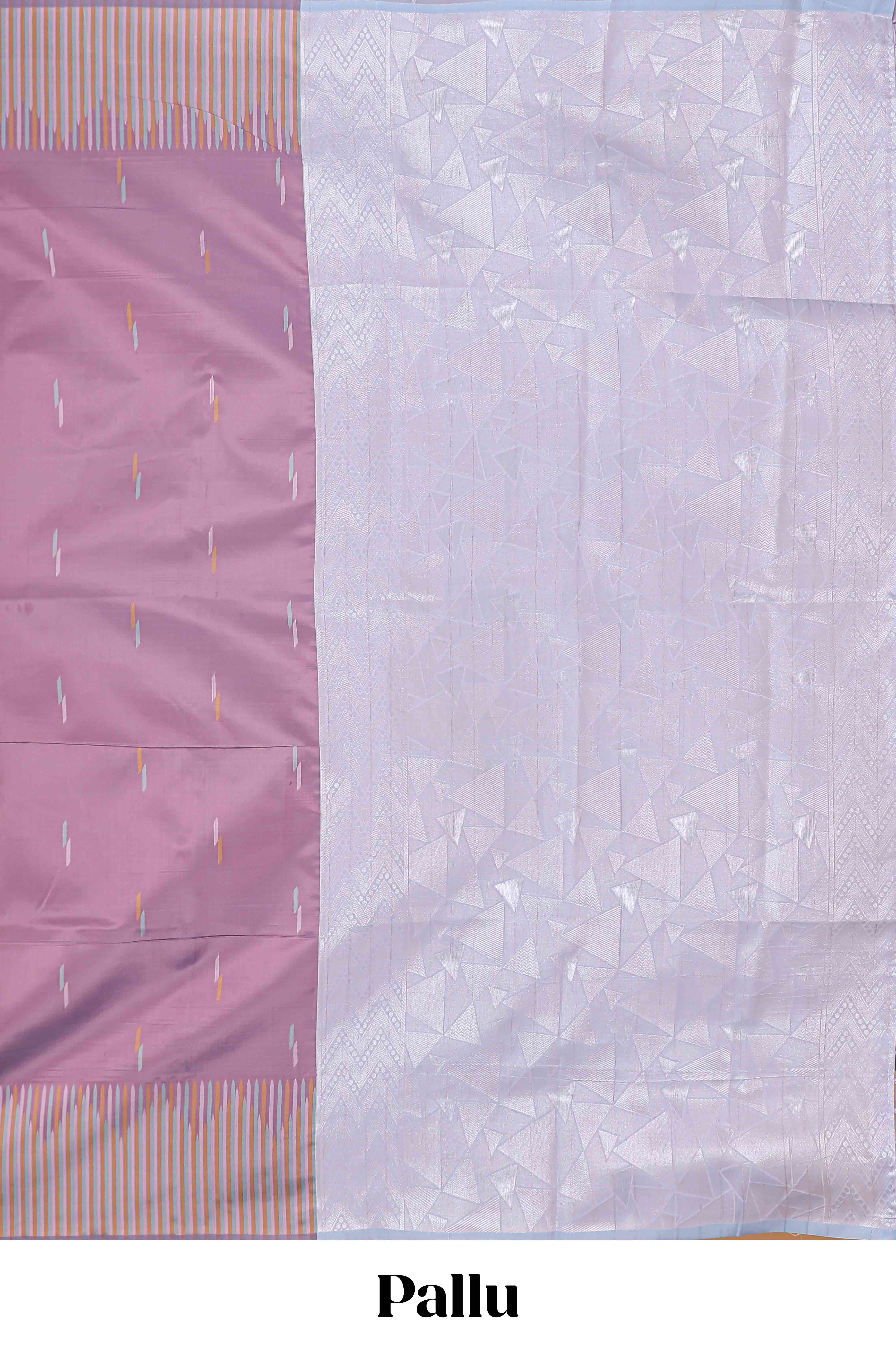 Sunset purple geometric style motifs litchi silk saree with contrast striped border and blouse