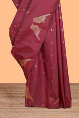 Borderless maroon leaf zari butta and birds design semi soft silk saree with self pallu and matching blouse