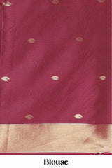 Borderless maroon leaf zari butta and birds design semi soft silk saree with self pallu and matching blouse